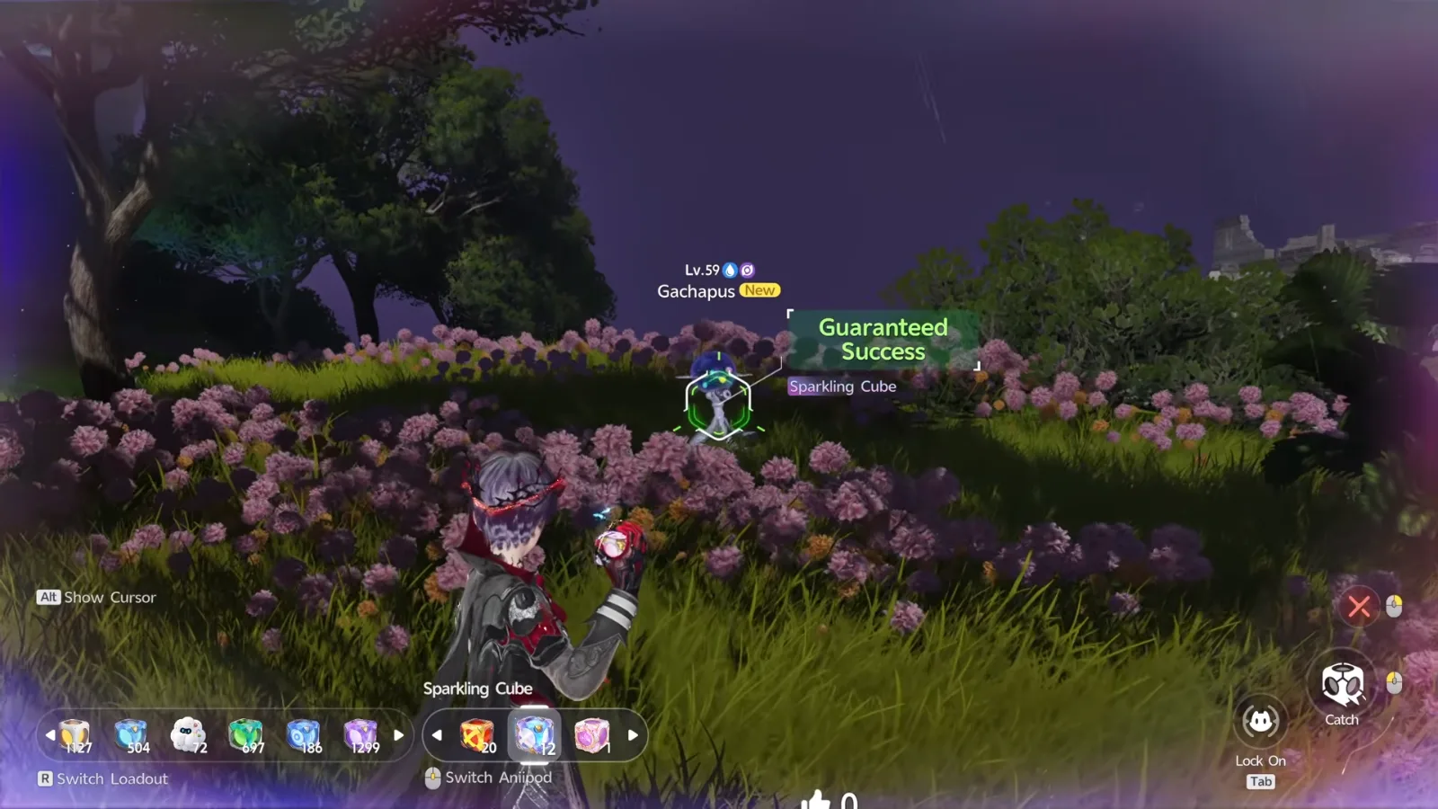 Lex aiming a Sparkling Cube at a Lv.59 Prismana Gachapus tagged New in Aniimo, the target reading Guaranteed Success among pink flowers at night