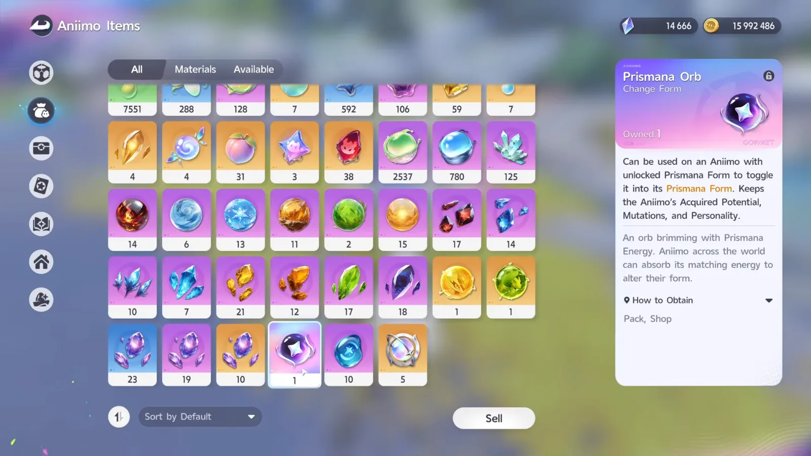 Aniimo’s Prismana Orb item card, Change Form, Owned 1, reading Can be used on an Aniimo with unlocked Prismana Form, obtained from Pack and Shop