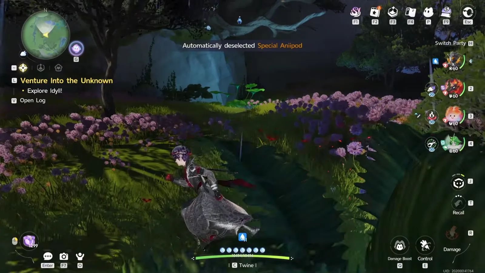 Aniimo message Automatically deselected Special Aniipod after Lex’s Sparkling Cube catch, his character running through pink flowers in Crescent Bay at night