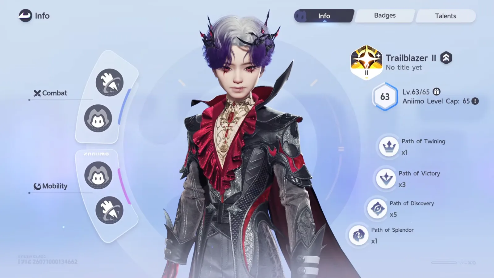 Aniimo character Info screen showing the title Trailblazer II, Lv.63 of 65 and an Aniimo Level Cap of 65, with Path of Twining, Victory, Discovery and Splendor counts