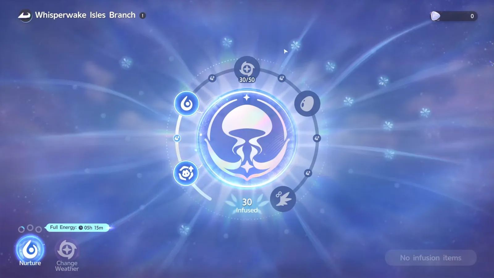 The Aniimo Whisperwake Isles Branch screen at 30 Infused, a 30/50 milestone node at the top, three empty Nurture charges, Full Energy in 05h 15m and Change Weather greyed out