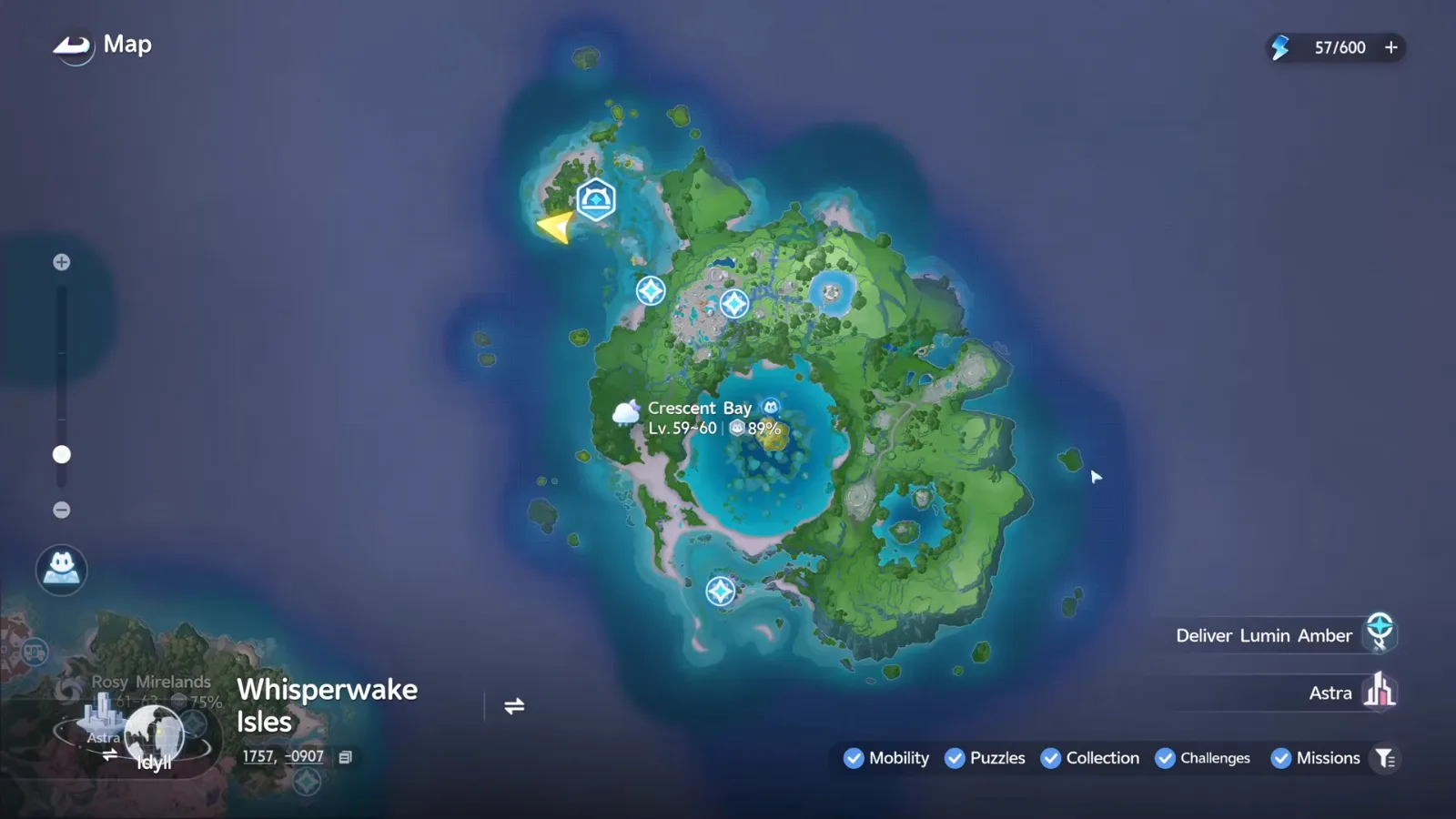 The Aniimo map of Whisperwake Isles with Crescent Bay labelled Lv.59~60 at 89% collection over the central lagoon, Rosy Mirelands to the south-west