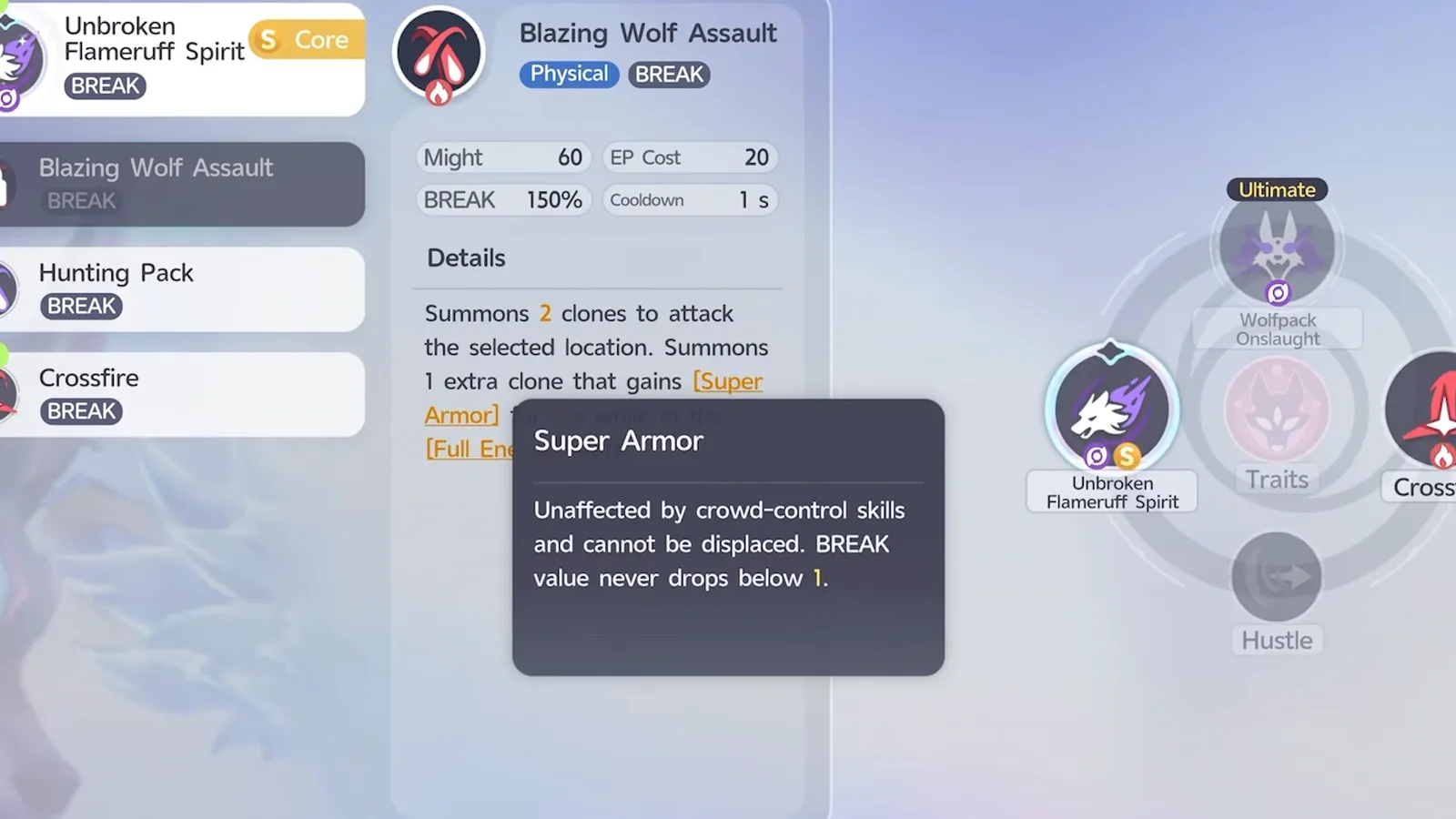 Aniimo Super Armor keyword tooltip over the Blazing Wolf Assault card: unaffected by crowd-control skills, cannot be displaced, BREAK value never drops below 1