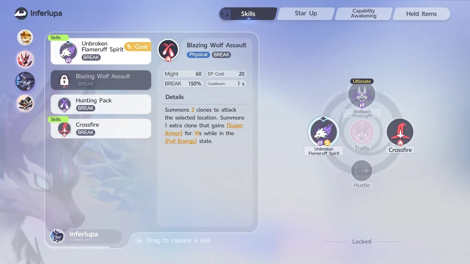 Aniimo Inferlupa Skills tab on the Basic Form with Blazing Wolf Assault greyed out and padlocked, its card showing 2 clones and Super Armor for 10s