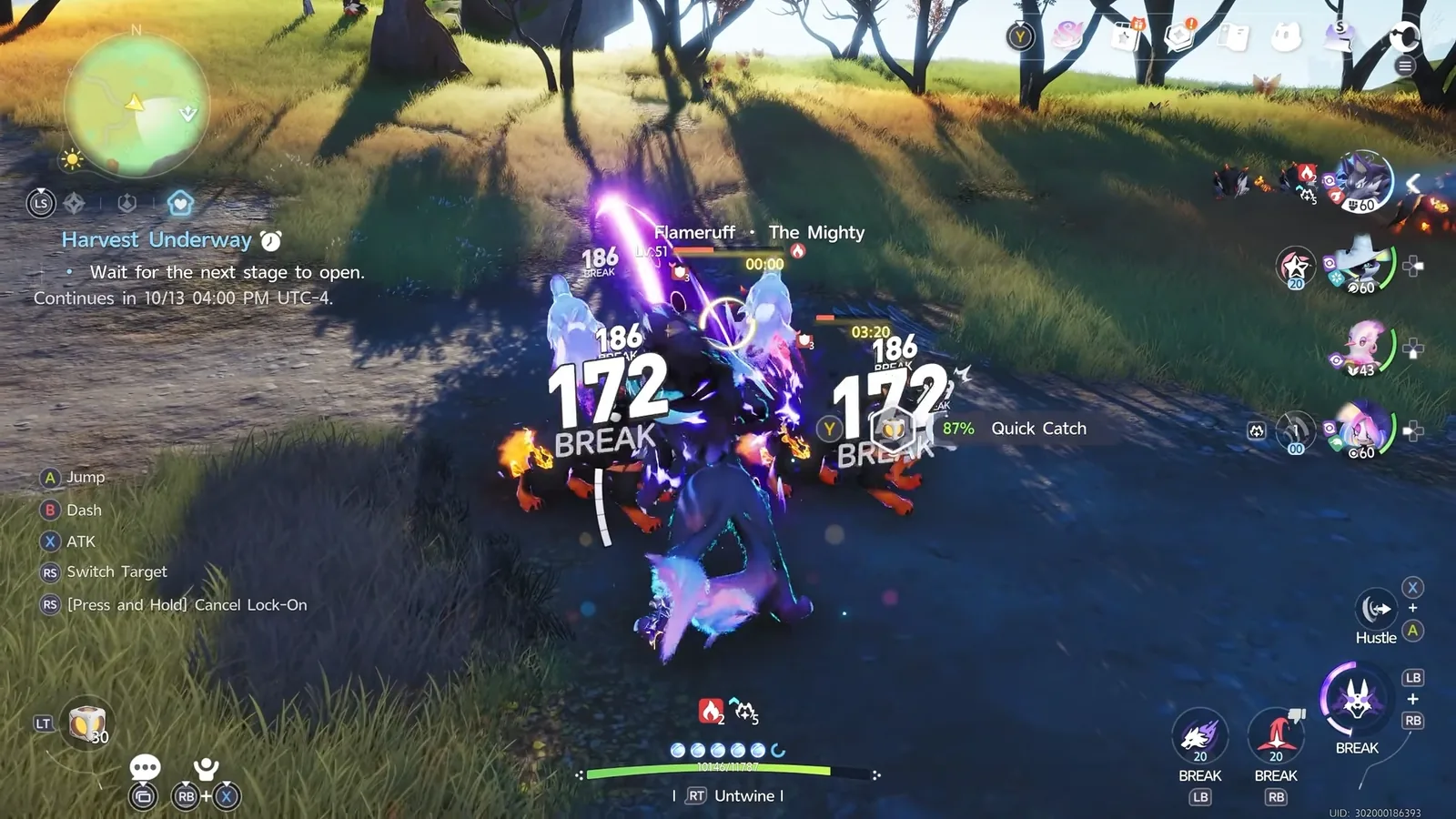 Aniimo combat: Inferlupa’s two Hunting Pack clones striking Flameruff The Mighty, Lv.51, for 172 and 186 BREAK, Quick Catch at 87%