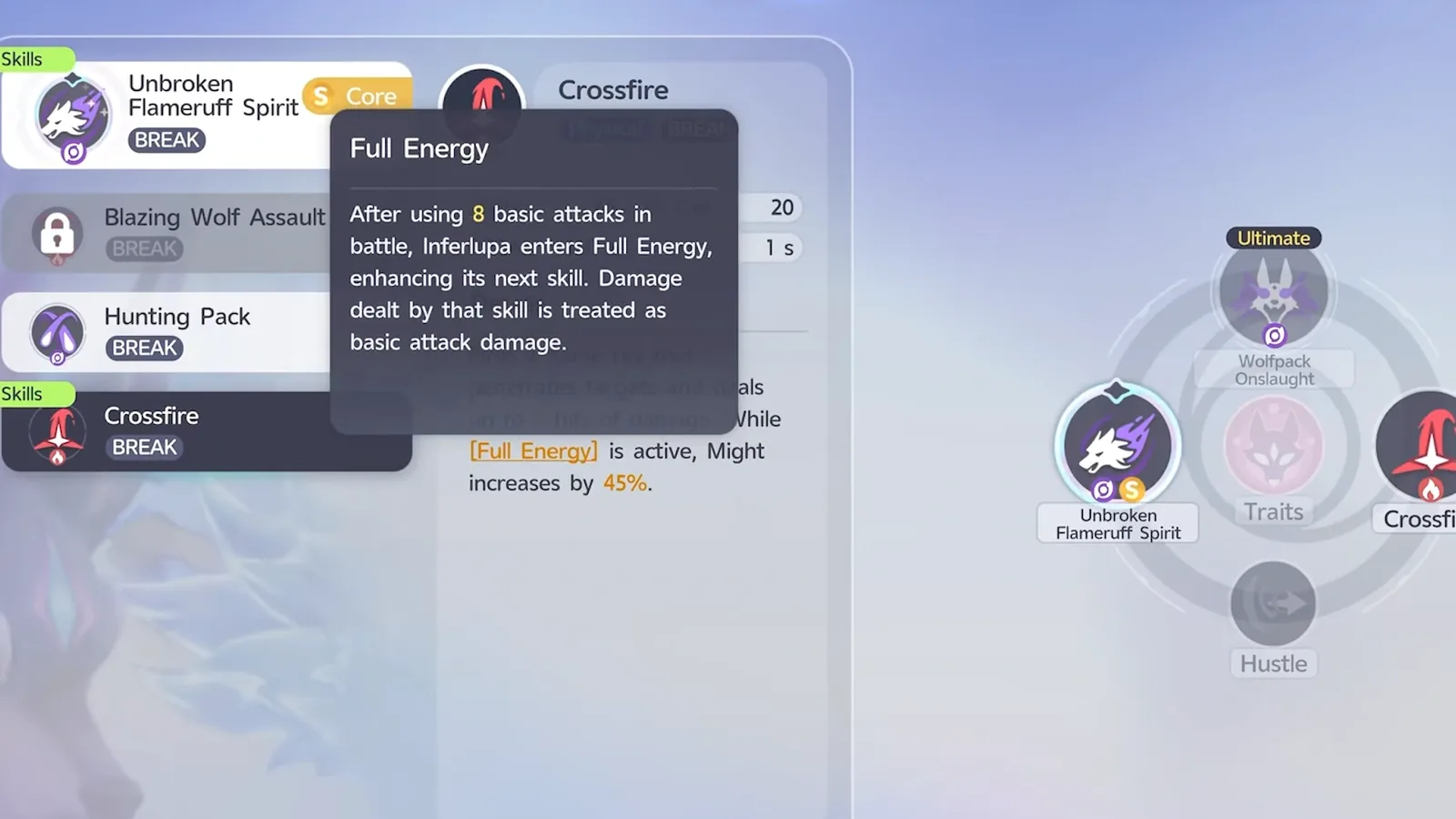 Aniimo Inferlupa skill loadout with Unbroken Flameruff Spirit as S Core, Blazing Wolf Assault locked, Hunting Pack, Crossfire, and the Full Energy trait tooltip