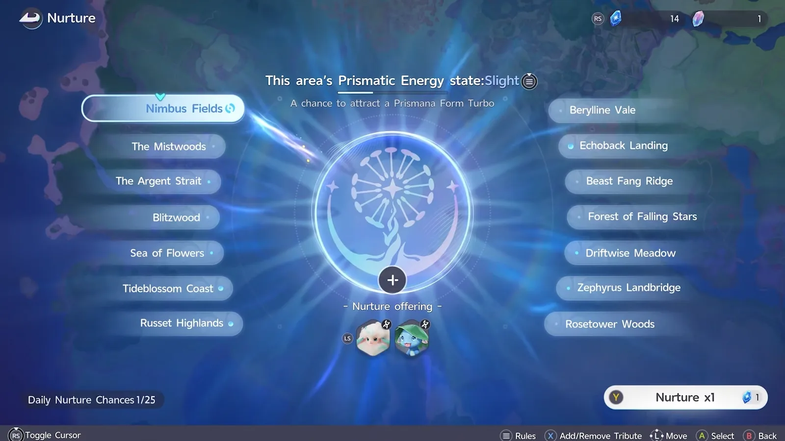 Aniimo Nurture screen with Nimbus Fields selected, Prismatic Energy state Slight, and the line A chance to attract a Prismana Form Turbo above the Nurture offering