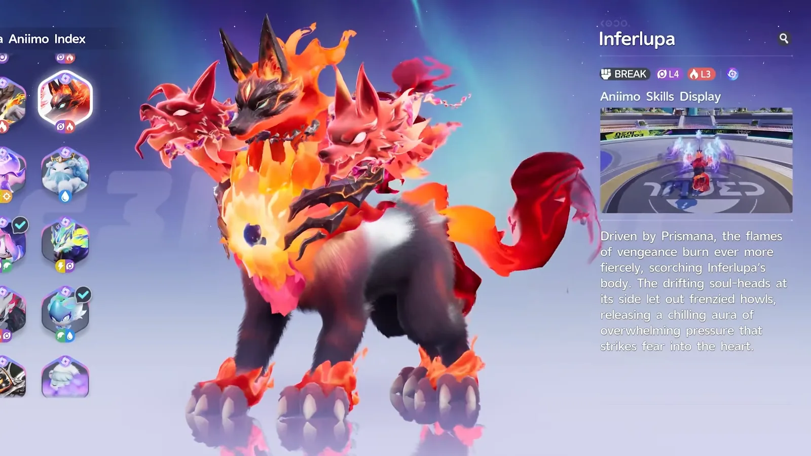 Close view of Prismana Inferlupa’s common coat in the Aniimo index: black body, orange flame mane, red tail and two red soul-heads