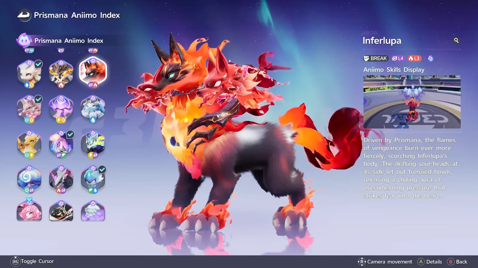 Prismana Inferlupa in the Aniimo Prismana Aniimo Index, a black wolf wreathed in orange and red fire, tagged BREAK, Dark L4 and Fire L3