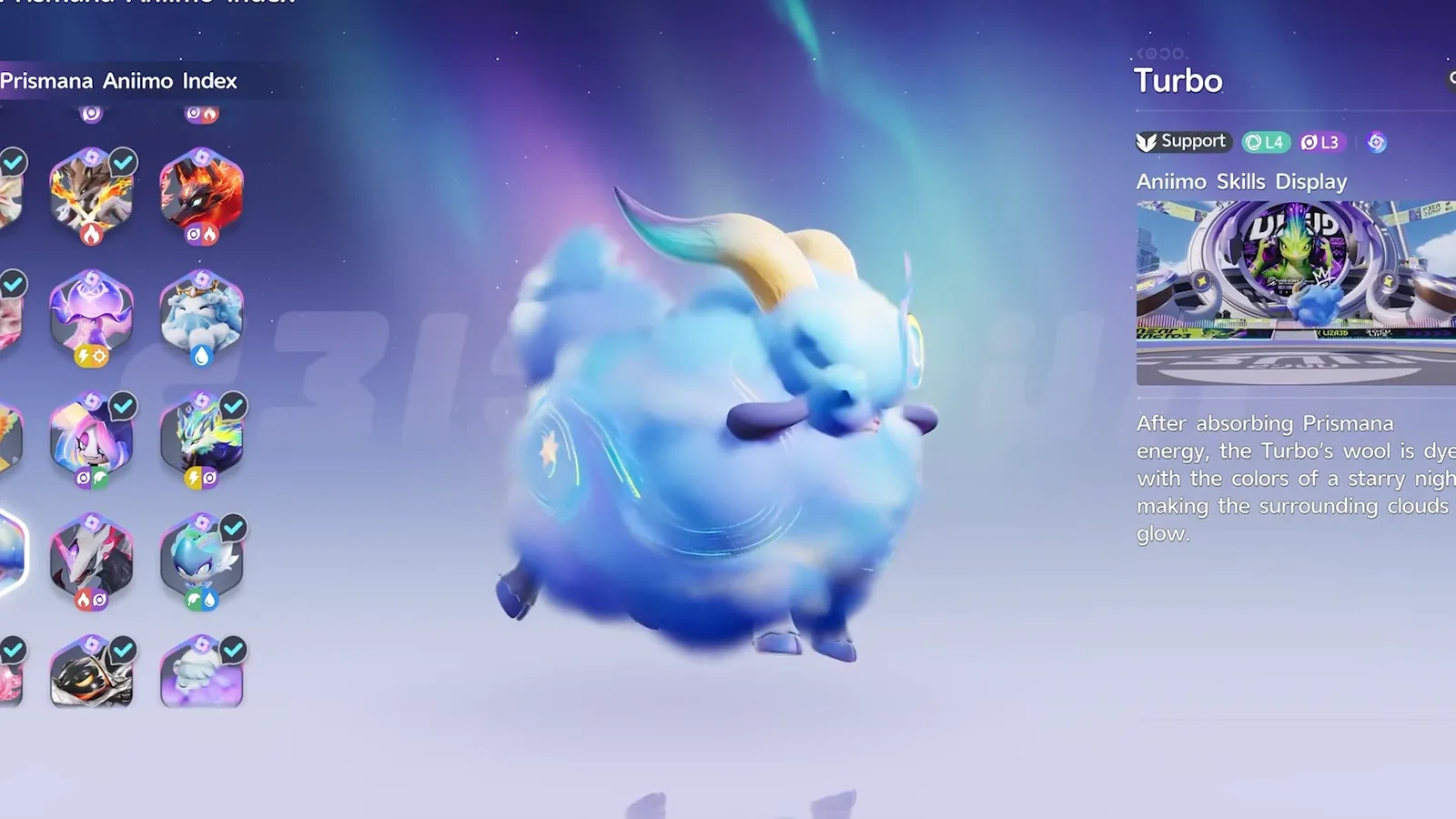 Prismana Turbo in the Aniimo Prismana Aniimo Index, a blue cloud ram with a cream horn, tagged Support, Wind L4 and Dark L3