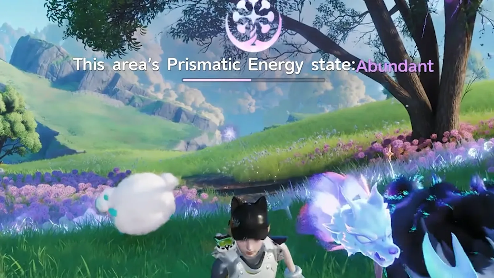 Aniimo field banner reading This area’s Prismatic Energy state: Abundant over a Nimbus Fields meadow, with the player and a white cloud Aniimo