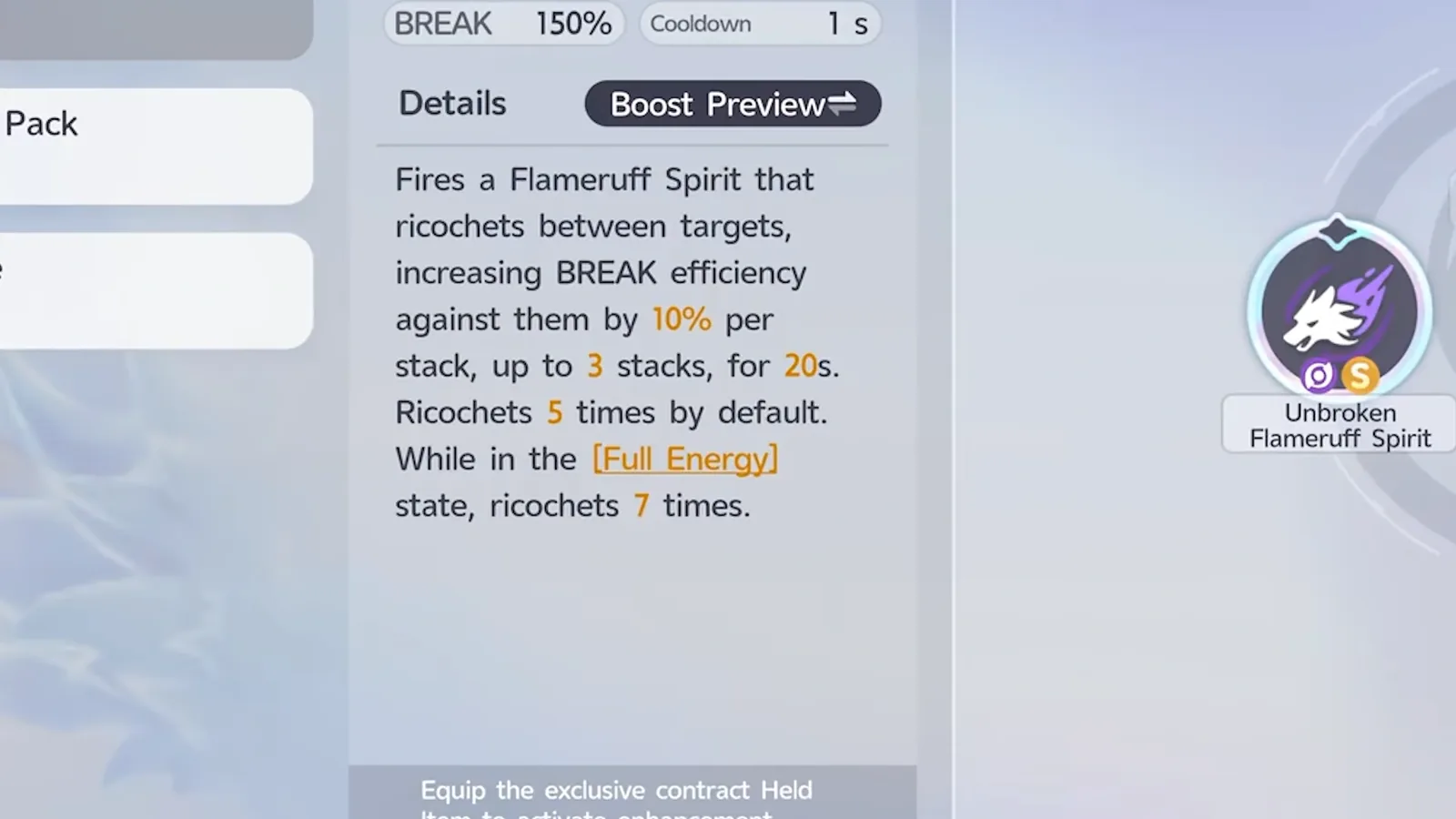 Aniimo Unbroken Flameruff Spirit skill details: BREAK 150%, 10% BREAK efficiency per stack, up to 3 stacks for 20s, 5 ricochets, 7 in Full Energy