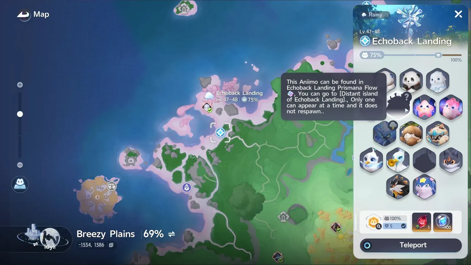 Aniimo map of Echoback Landing, Rainy, Lv.47~48, with a tooltip saying this Aniimo is found in the Echoback Landing Prismana Flow and does not respawn