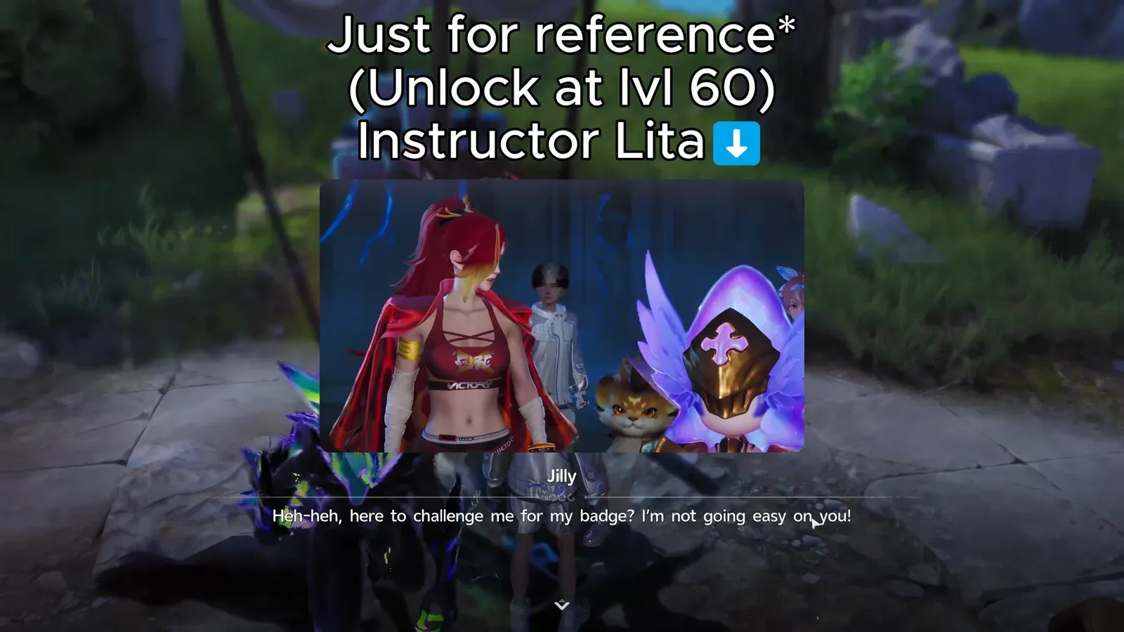 Instructor Lita beside Prismana Sherro in an Aniimo cutscene, under Lex’s overlay reading Just for reference, Unlock at lvl 60, Instructor Lita