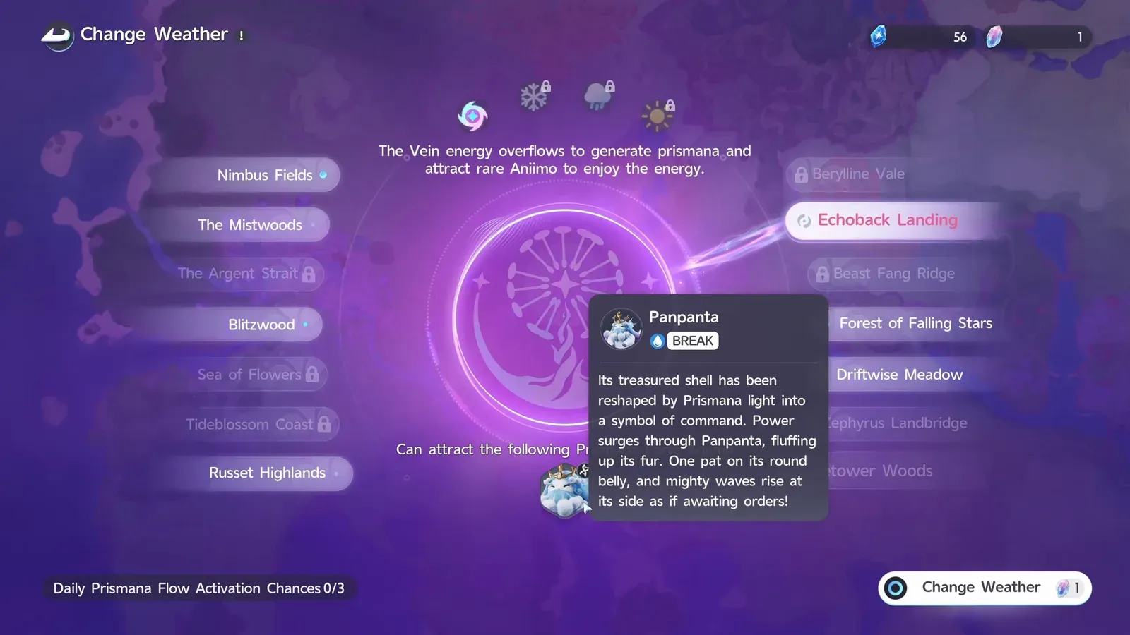 Panpanta, the one Prismana Form Aniimo that Echoback Landing’s Prismana Flow can attract, on the Aniimo Change Weather screen with 0/3 daily activations