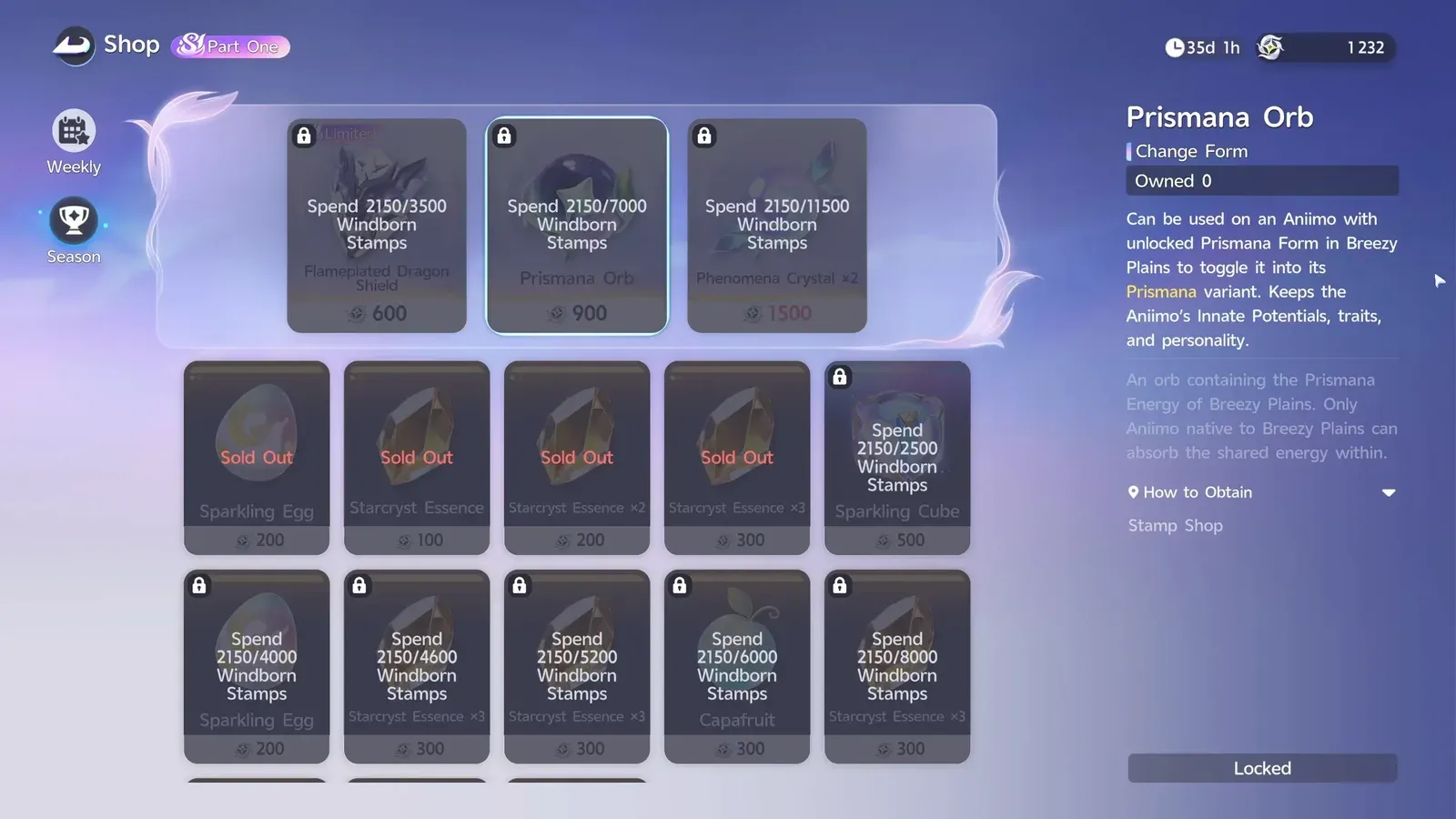 The Aniimo Stamp Shop Season tab with the Prismana Orb selected at 900 Windborn Stamps, locked behind Spend 2150/7000 Windborn Stamps