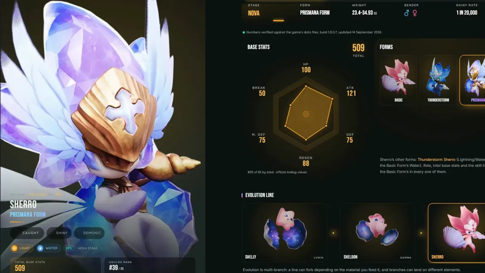 Sherro Prismana Form on the Aniimo Aniidex: Light and Water DPS, Nova stage, 509 total base stats, Basic, Thunderstorm and Prismana forms and the Shelly line