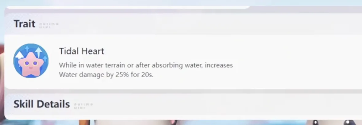 Tidal Heart, Sherro’s trait panel in Aniimo: Water damage up 25% for 20s in water terrain or after absorbing water