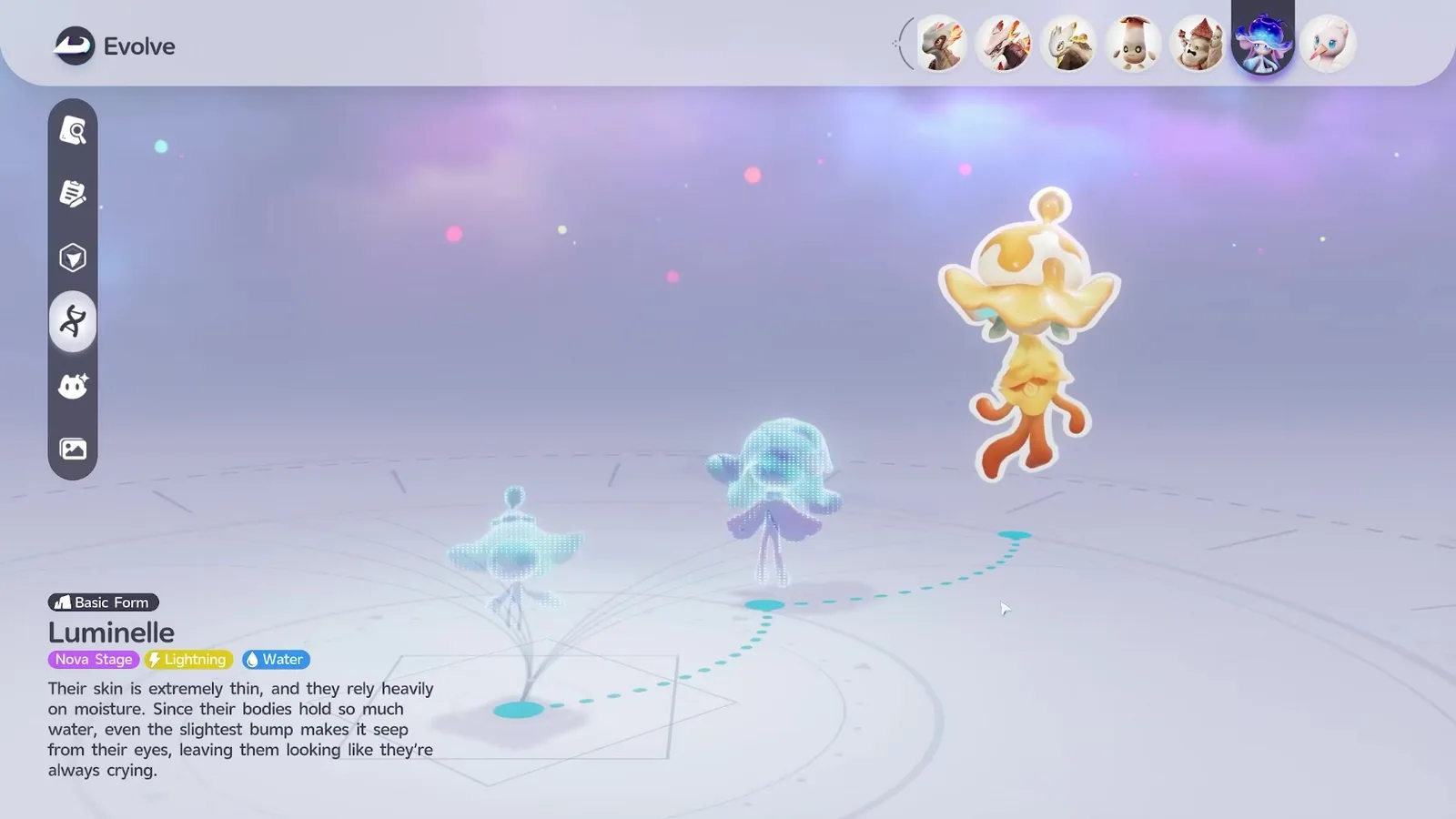 The Aniimo Evolve screen for Luminelle showing the gold and orange Basic Form model above the two ghosted Bulbly and Veilfloat stages of its evolution line