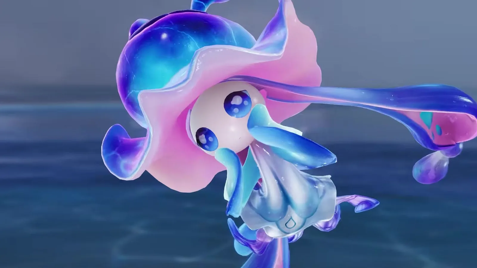 A close view of Rainstorm Luminelle in Aniimo over open water, its bell blue and purple beneath a pink frill, with long trailing tentacles and a water drop crest on its body