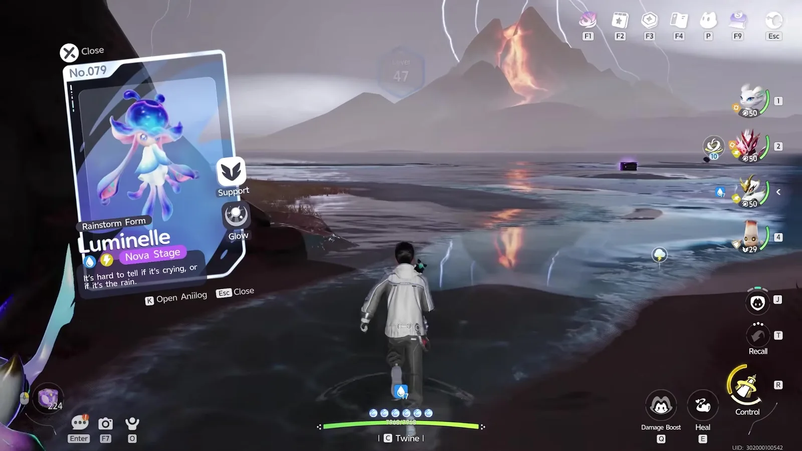 The Aniilog card for Rainstorm Form Luminelle in Aniimo, tagged Nova Stage with Water and Lightning icons, Support and Glow beside it, held up against a thunderstorm breaking over the sea