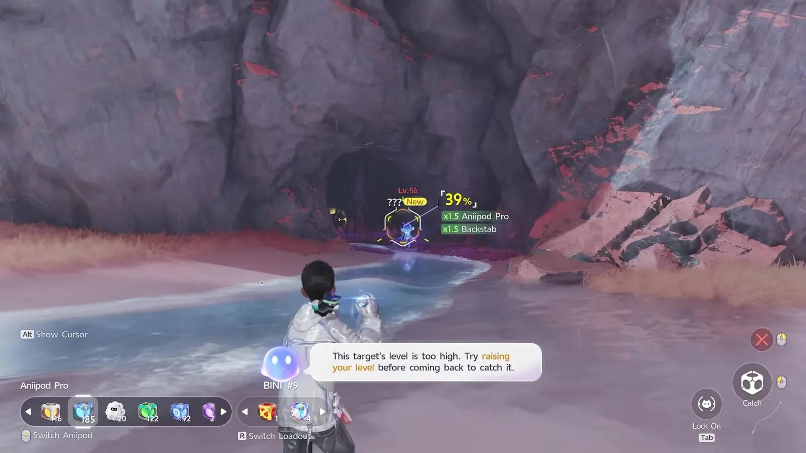 The Aniimo capture screen at the Tideblossom Coast cave, a level 56 Luminelle at 39% catch chance with the chips x1.5 Aniipod Pro and x1.5 Backstab, under a warning that the target level is too high