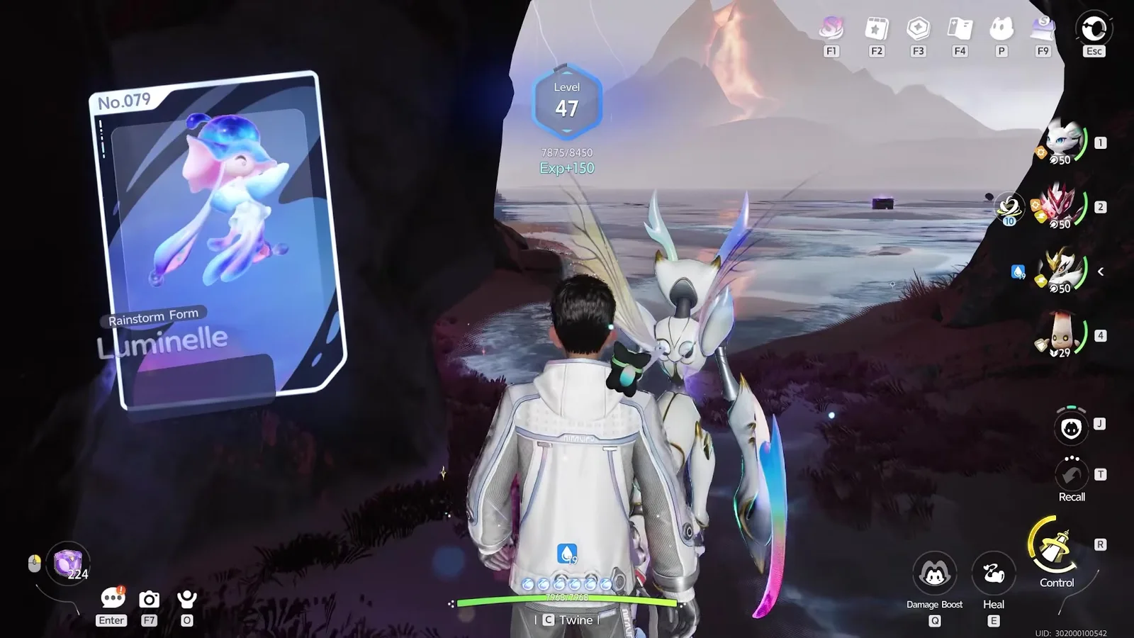 The Aniimo capture card for No.079 Rainstorm Form Luminelle floating beside the Pathfinder at the Tideblossom Coast cave, with a Level 47 badge and Exp plus 150 above it