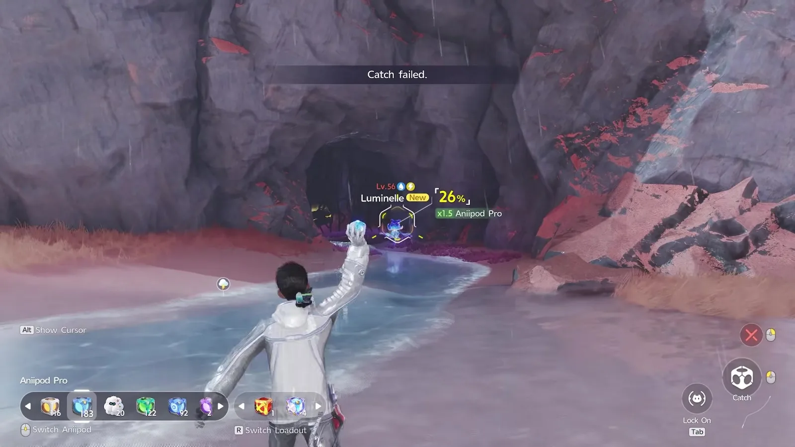Catch failed printed over the Tideblossom Coast cave in Aniimo, with Luminelle tagged New at Lv.56 showing 26% and only the x1.5 Aniipod Pro chip, its Water and Lightning icons beside the name
