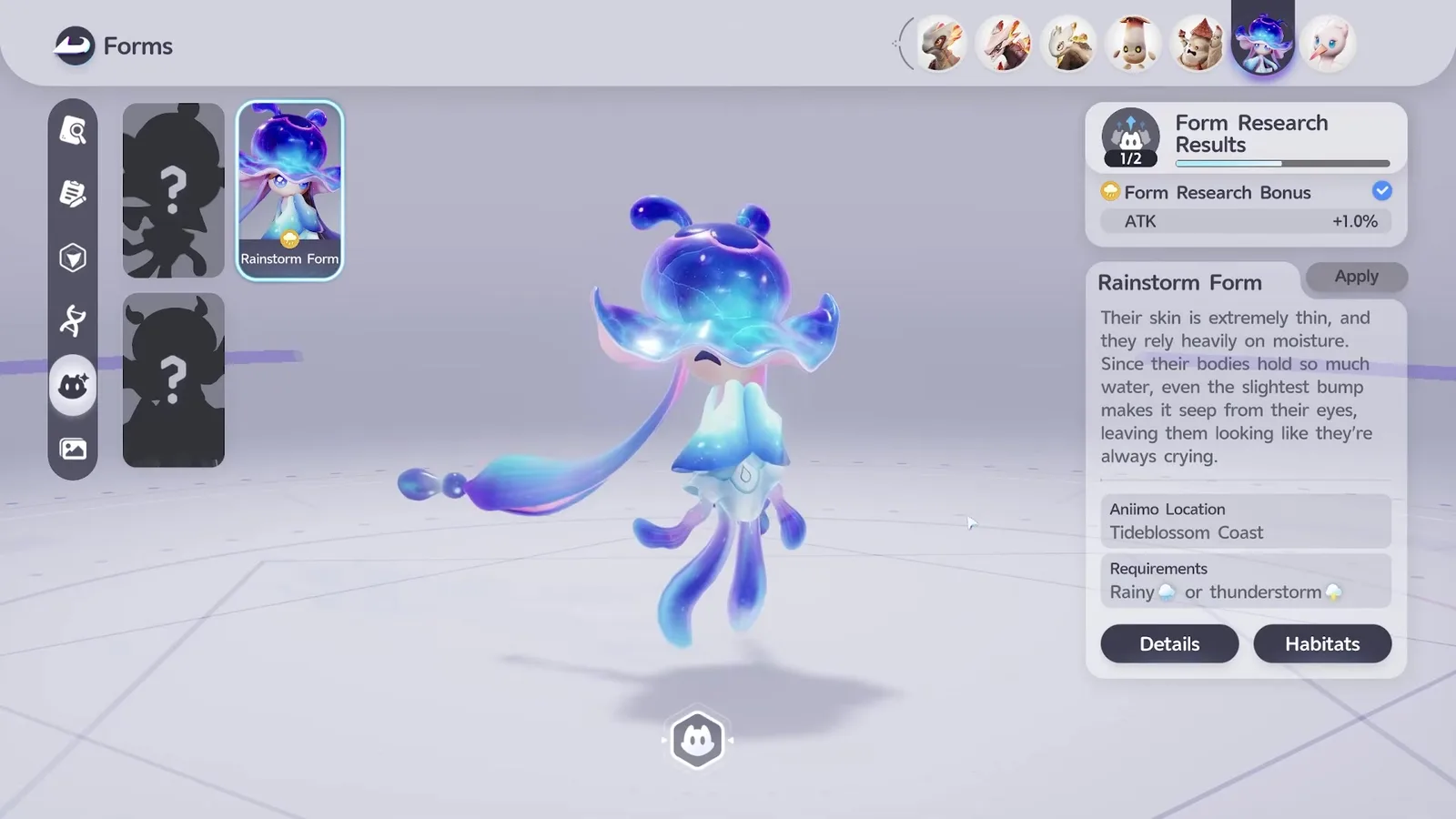 The Aniimo Forms screen for Luminelle with the Rainstorm Form tile unlocked, two locked silhouettes beside it, and a Form Research Results panel showing a Form Research Bonus of ATK plus 1.0 per cent