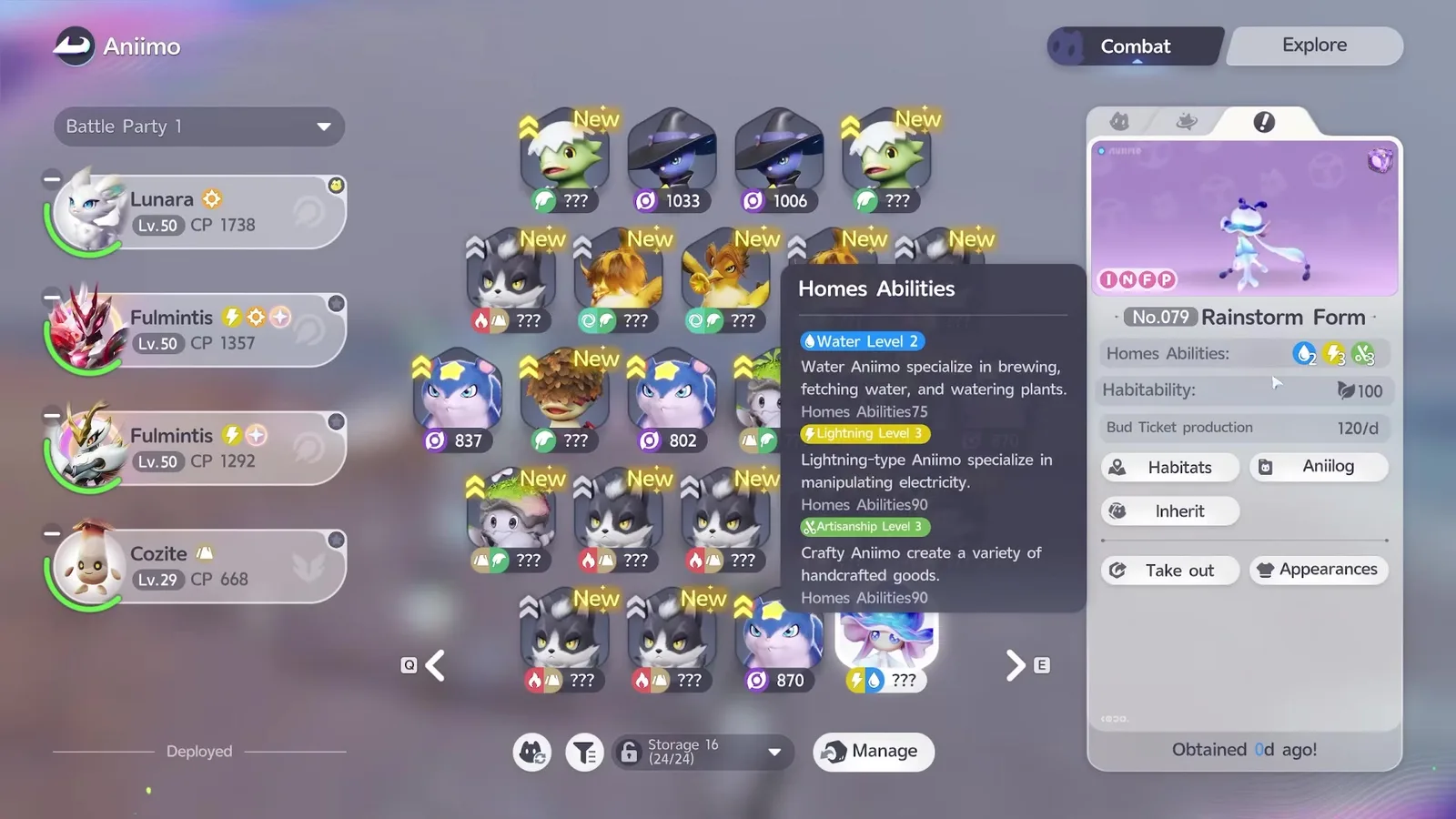 Rainstorm Form Luminelle on the Aniimo management screen, its Homes Abilities tooltip listing Water Level 2, Lightning Level 3 and Artisanship Level 3 beside Habitability 100