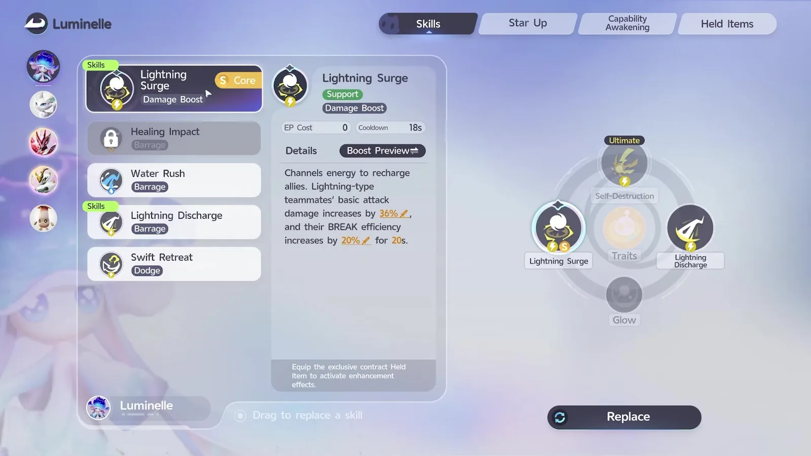 The Aniimo Skills screen for Rainstorm Luminelle with Lightning Surge selected, tagged Support and Damage Boost at EP Cost 0 and Cooldown 18s, beside the skill wheel