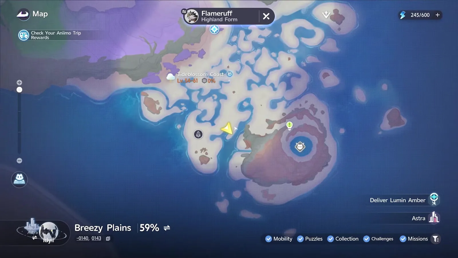 The Aniimo map zoomed into Tideblossom Coast, the region label reading Lv.54~61 and 0% between a cloud icon and a small blue Aniimo badge, with the player arrow out on the sandbanks