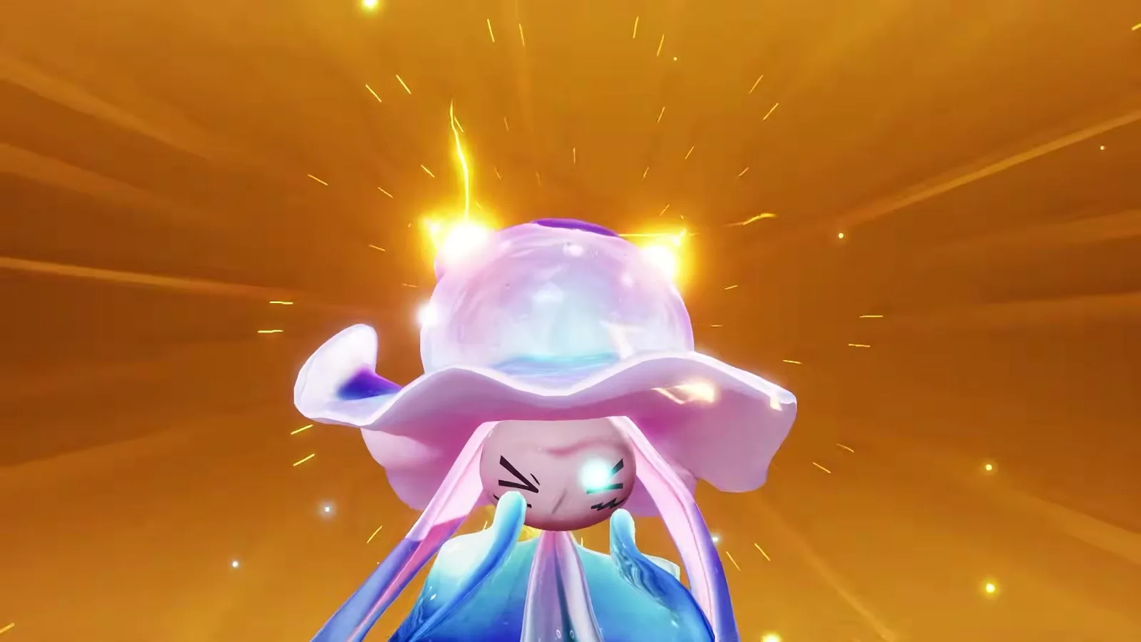 Rainstorm Luminelle in Aniimo charging its Self-Destruction ultimate, eyes shut and sparks flying from its bell as the whole screen turns gold