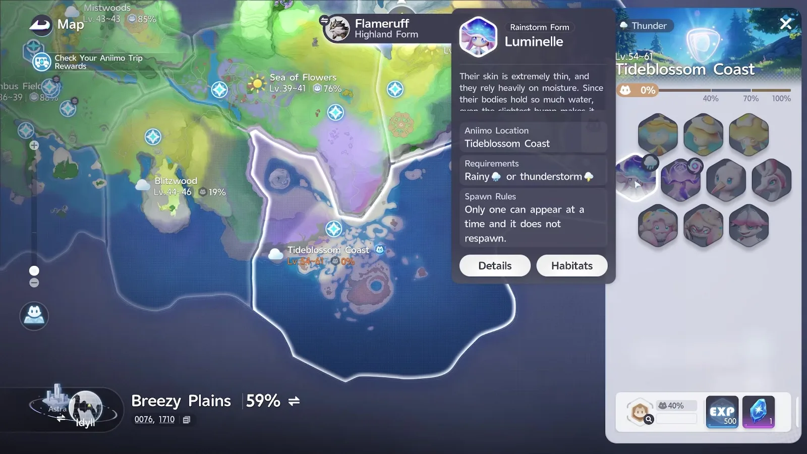 The Rainstorm Form Luminelle card on the Aniimo map, listing Aniimo Location Tideblossom Coast, Requirements Rainy or thunderstorm, and Spawn Rules Only one can appear at a time