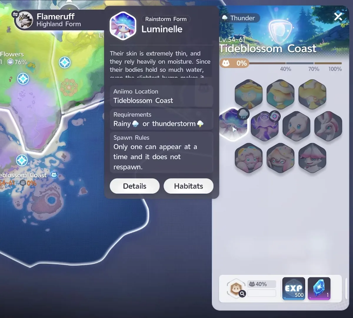 The Tideblossom Coast roster in Aniimo, ten hexagonal tiles with the Rainstorm Luminelle tile highlighted under a blue rain cloud badge and Prismana Luminelle under a prismatic badge