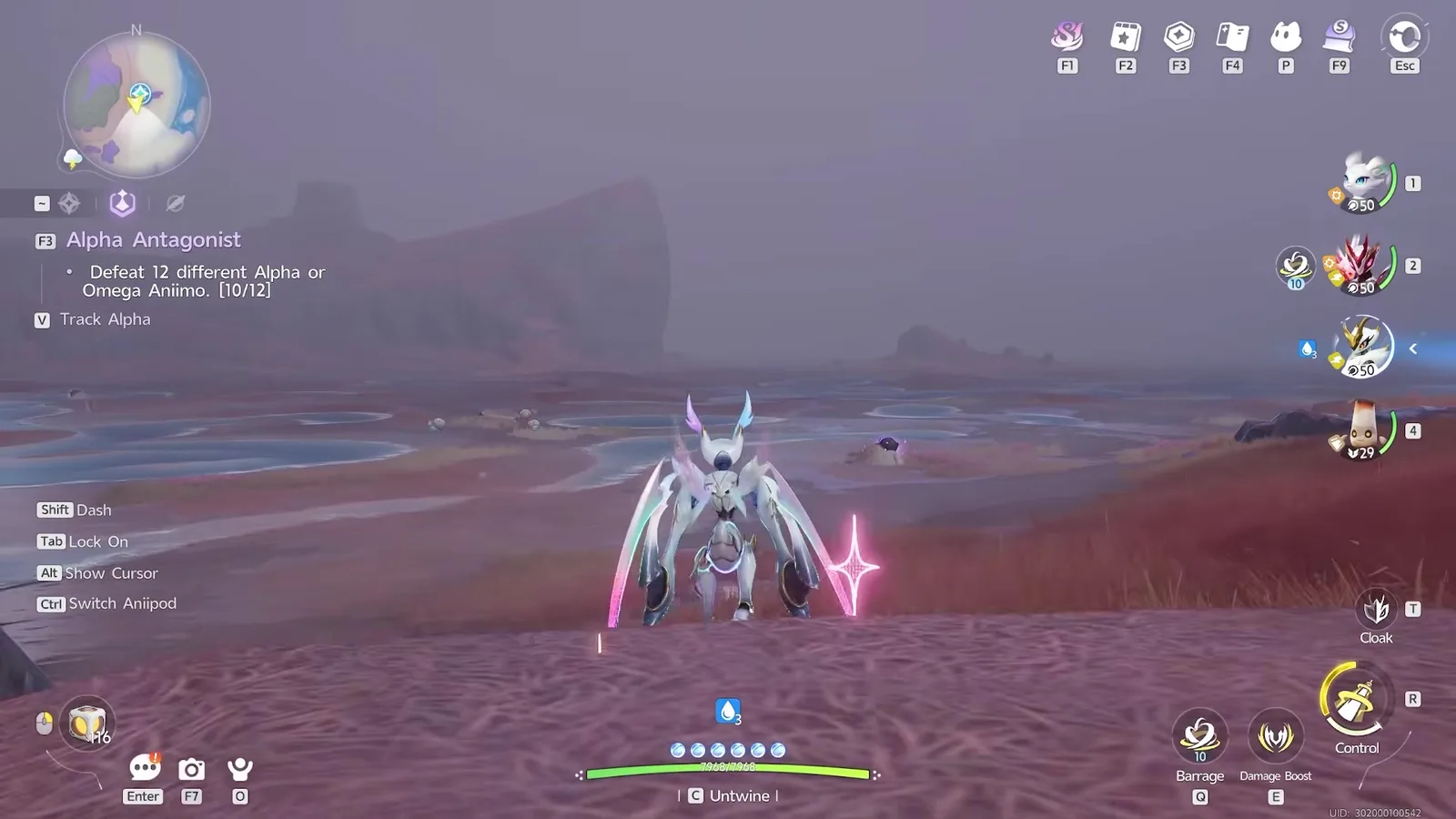 The Alpha Antagonist objective in Aniimo, Defeat 12 different Alpha or Omega Aniimo at 10 of 12, with the Track Alpha prompt under it and the red flats of Tideblossom Coast behind