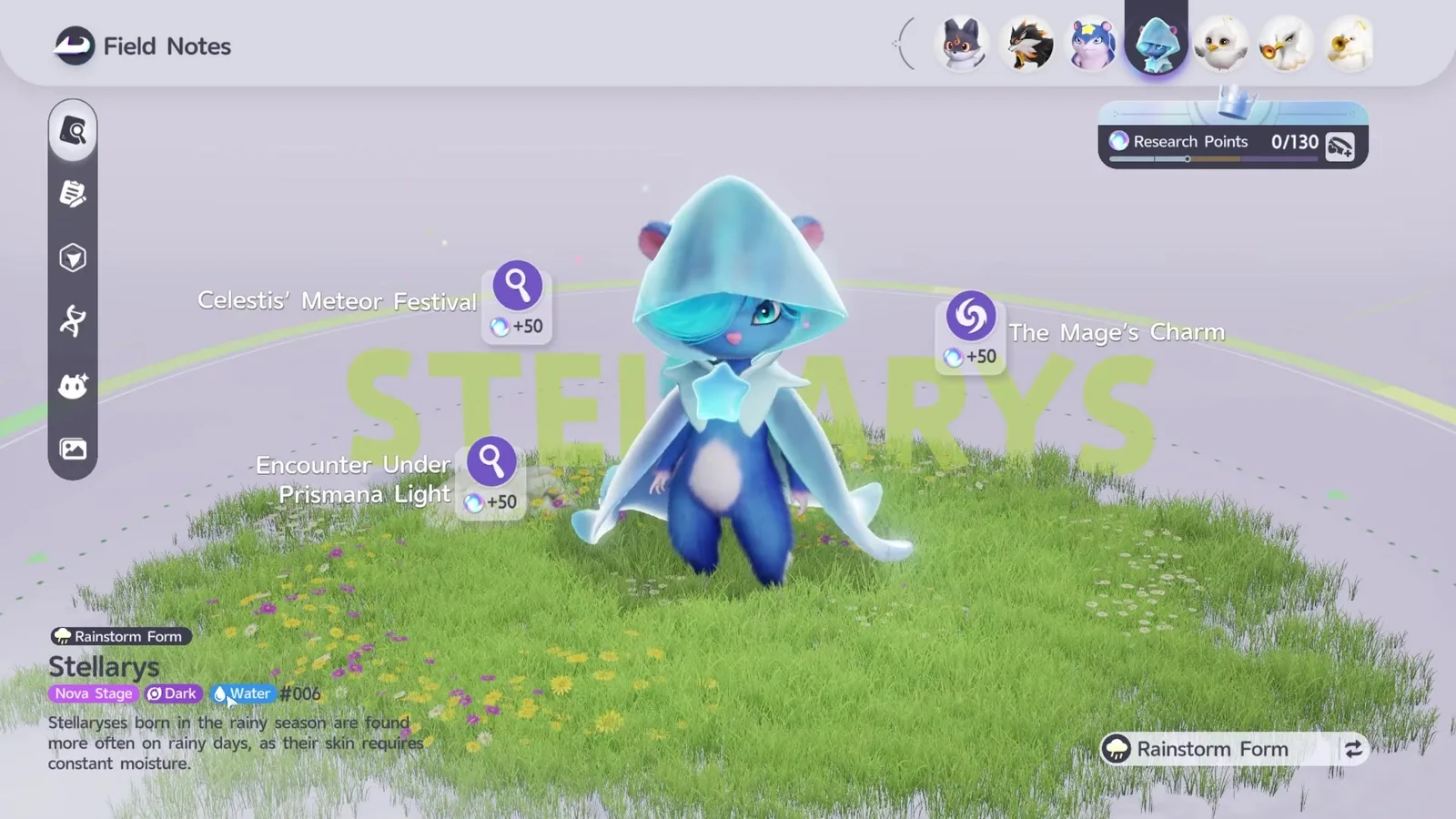 The Aniimo Field Notes page for Rainstorm Form Stellarys, tagged Nova Stage, Dark and Water, number 006, with the pale blue hooded model on a grass platform