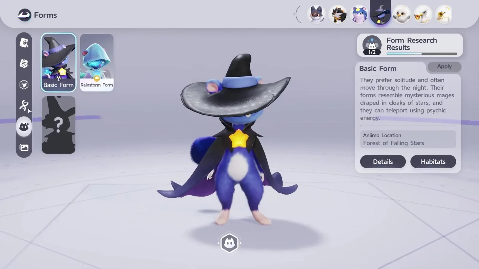 The Aniimo Forms screen for Stellarys with Basic Form and Rainstorm Form tiles unlocked, a third form still a locked silhouette, and the Apply button beside the Basic Form description