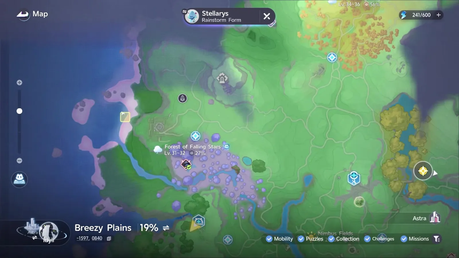 The Aniimo map zoomed into the Forest of Falling Stars with a Stellarys Rainstorm Form tracker banner at the top and a highlighted habitat marker on the western shoreline