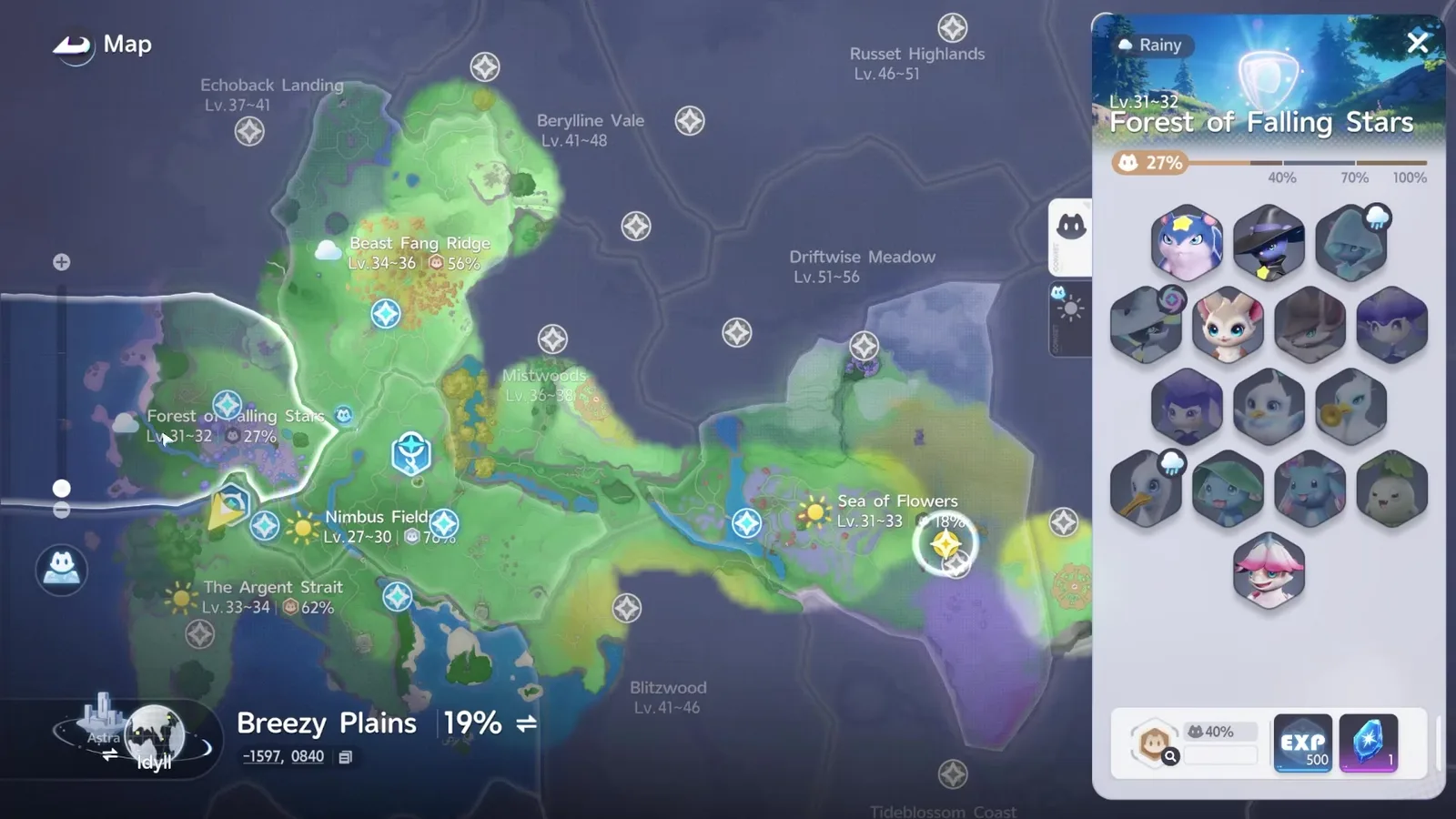 The Aniimo world map with the Forest of Falling Stars region panel open, headed Rainy, Lv.31~32, above a grid of Aniimo tiles with a blue rain-cloud badge on one of them