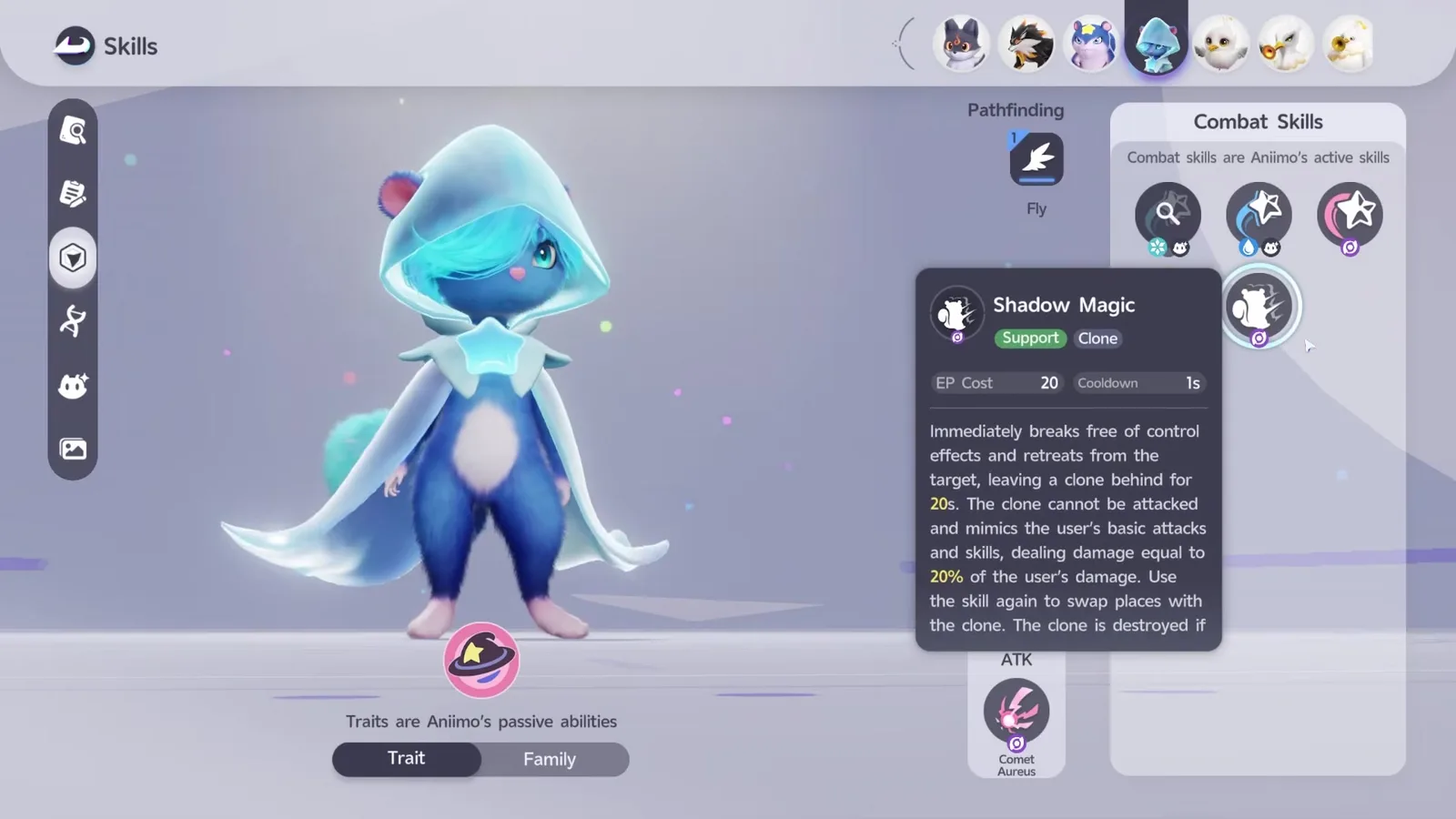 The Shadow Magic skill tooltip on the Aniimo Skills screen for Rainstorm Stellarys, tagged Support and Clone, EP Cost 20, Cooldown 1s, describing a clone that lasts 20s and deals 20% of the user’s damage