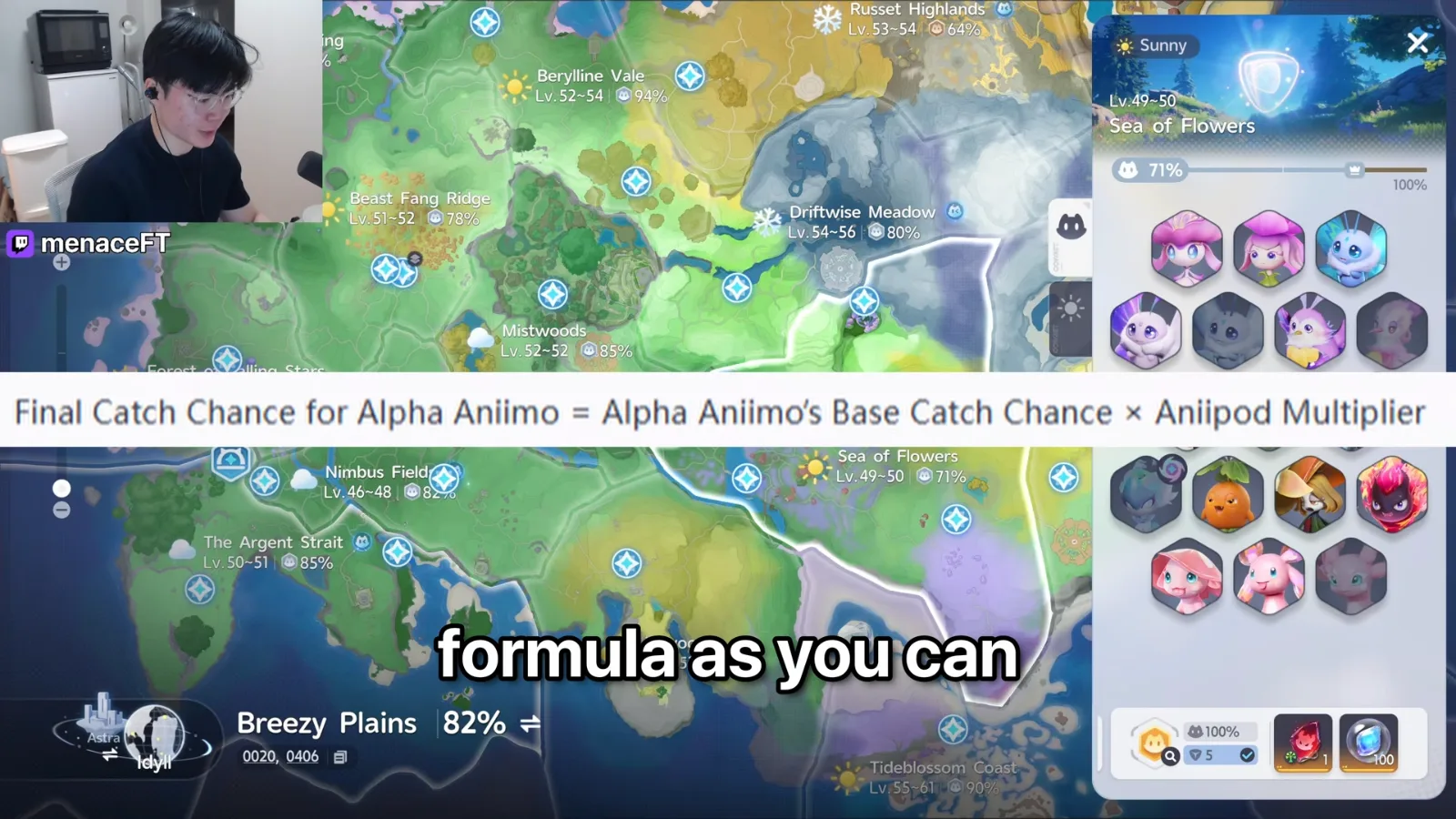 Aniimo formula line: Final Catch Chance for Alpha Aniimo equals Alpha Aniimo’s Base Catch Chance times Aniipod Multiplier, over the Breezy Plains map