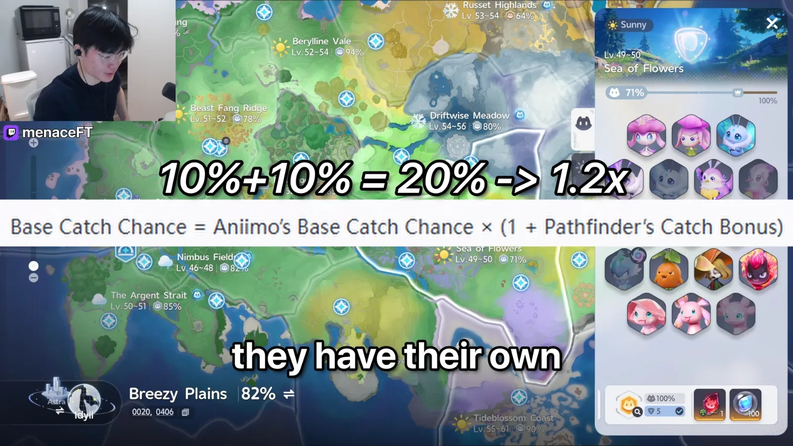 Aniimo formula line Base Catch Chance equals Aniimo’s Base Catch Chance times 1 plus Pathfinder’s Catch Bonus, with menaceFT’s 10% plus 10% equals 1.2x