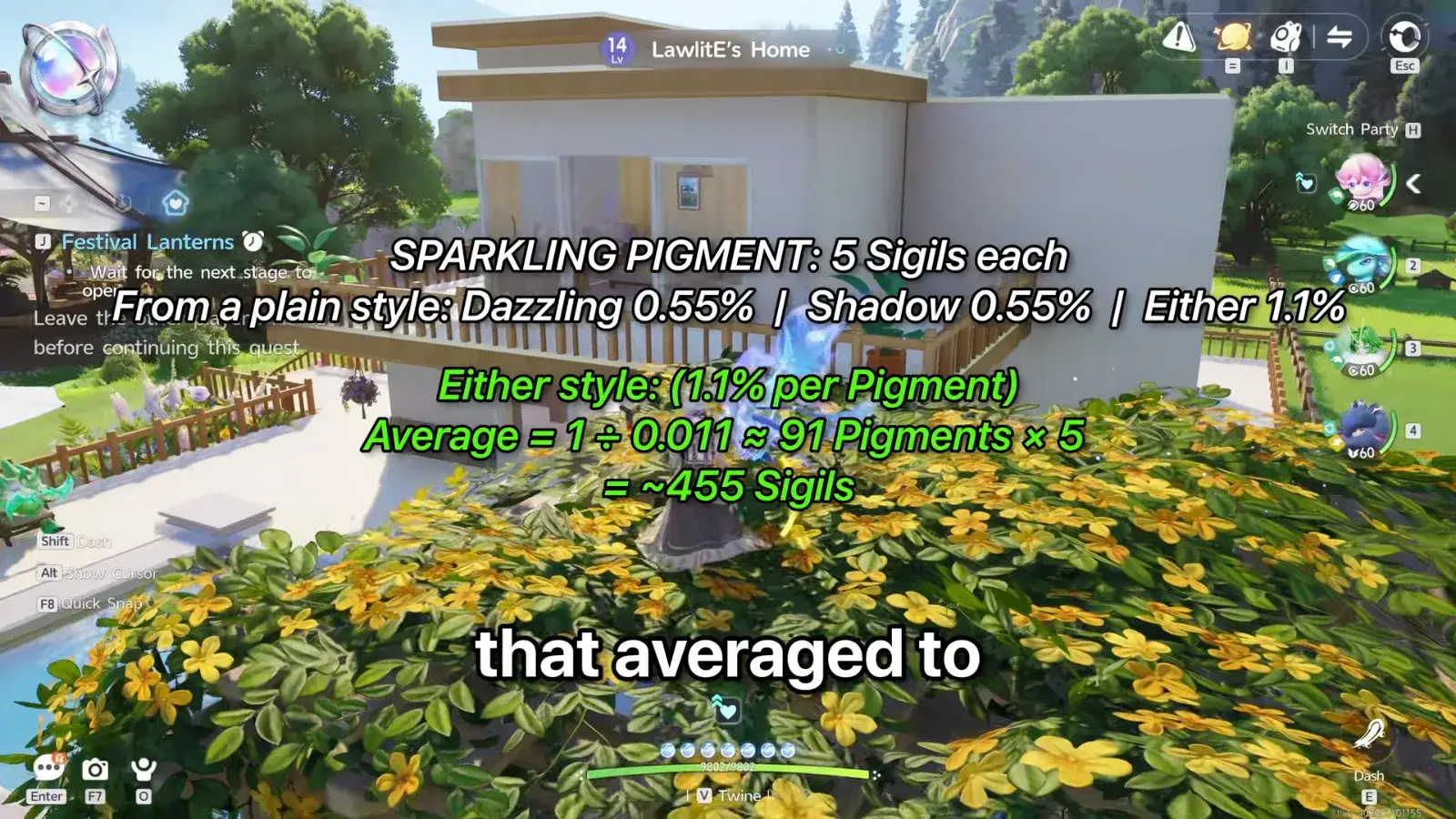 menaceFT’s Aniimo overlay: Sparkling Pigment at 5 Sigils each, Dazzling 0.55% and Shadow 0.55%, either 1.1%, about 91 Pigments or 455 Sigils on average