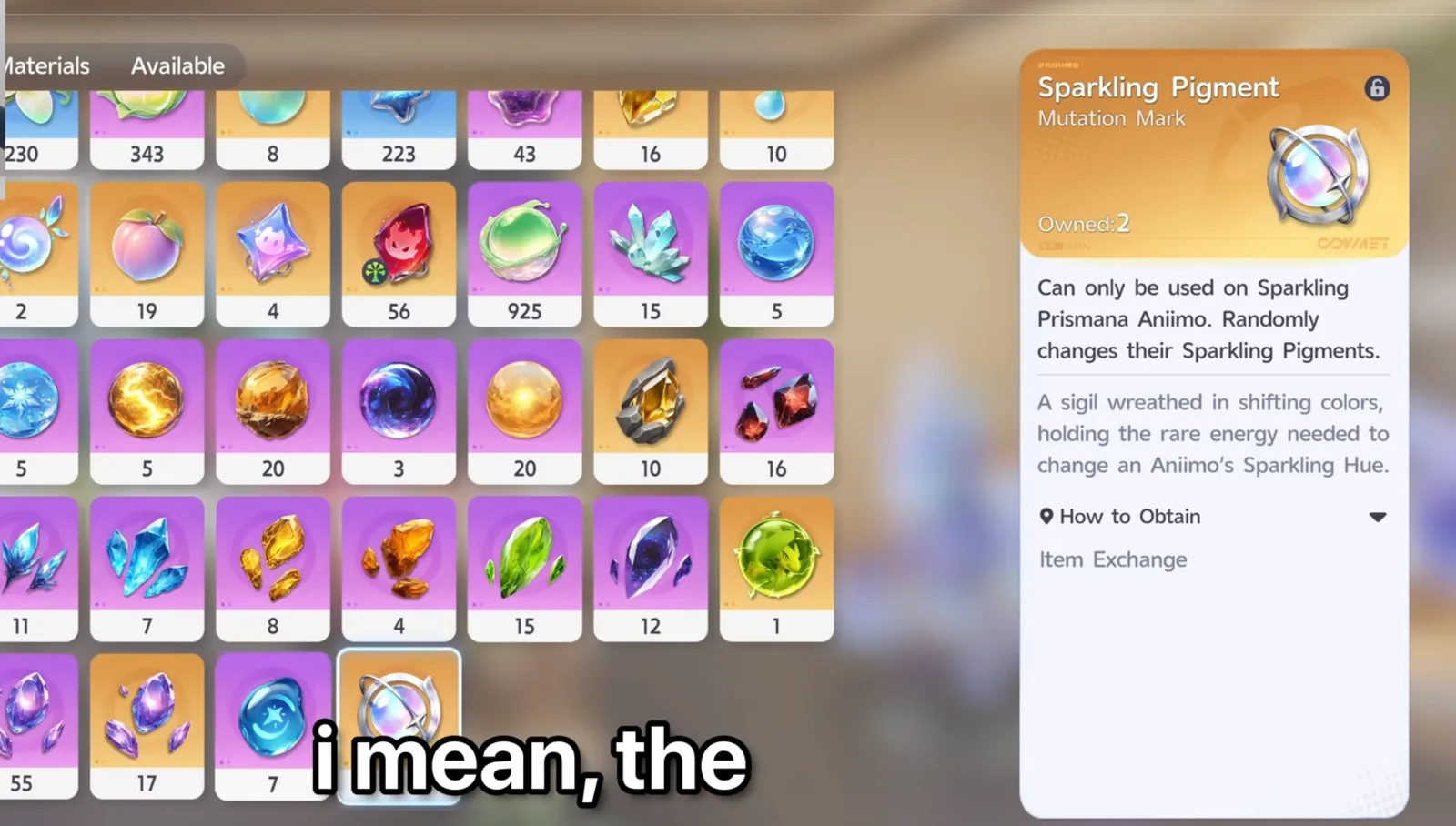 Aniimo Sparkling Pigment item card, Mutation Mark: can only be used on Sparkling Prismana Aniimo, randomly changes their Sparkling Pigments, obtained by Item Exchange
