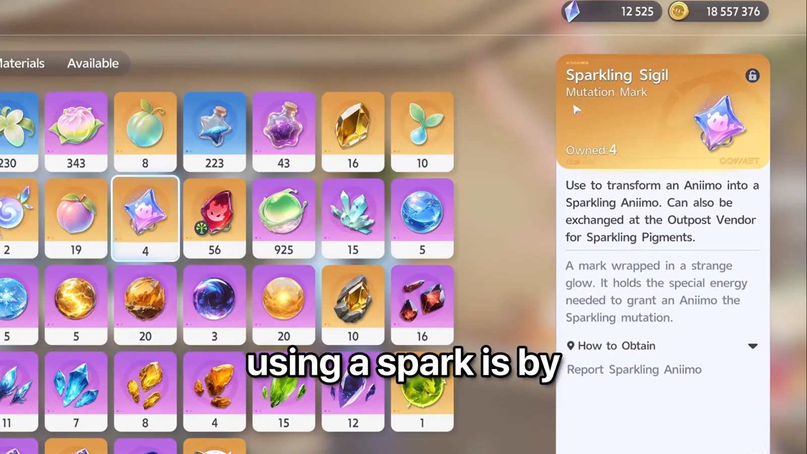 Aniimo Sparkling Sigil item card, Mutation Mark, owned 4: transforms an Aniimo into a Sparkling, exchanged at the Outpost Vendor for Sparkling Pigments
