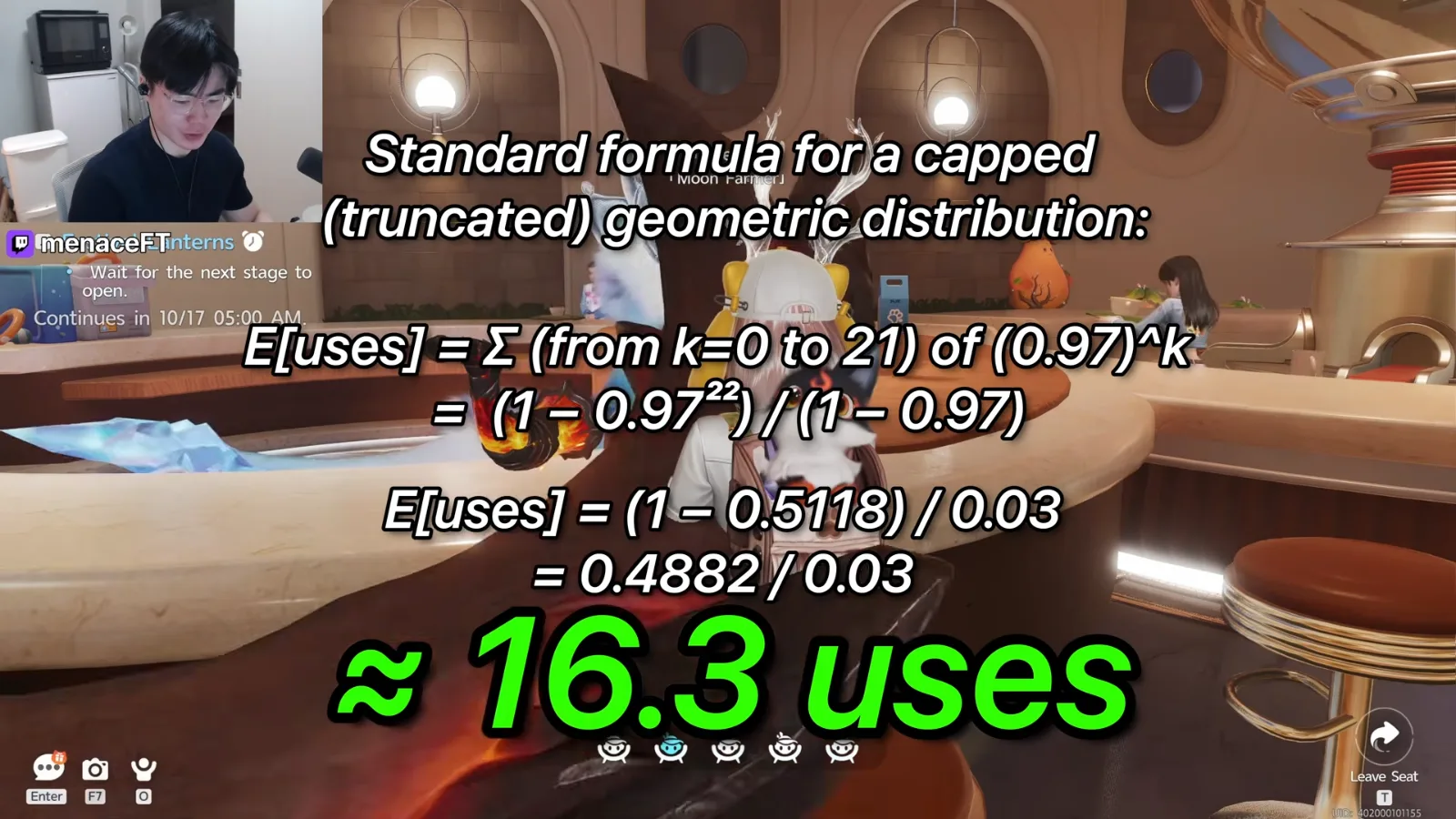 menaceFT’s Aniimo overlay over the Nurture table: expected uses for a capped geometric distribution, sum of 0.97 to the k from 0 to 21, about 16.3 uses