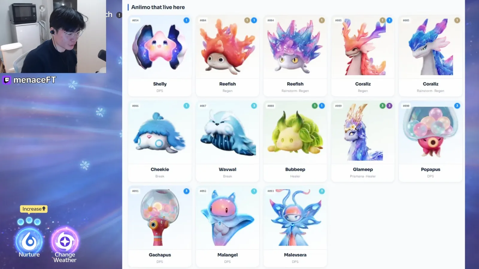 Aniimo that live in Whisperwake Isles: Shelly, Reefish, Coraliz, Cheekie, Wavwal, Bubbeep, Glameep, Popapus, Gachapus, Malangel and Malevsera, 13 entries