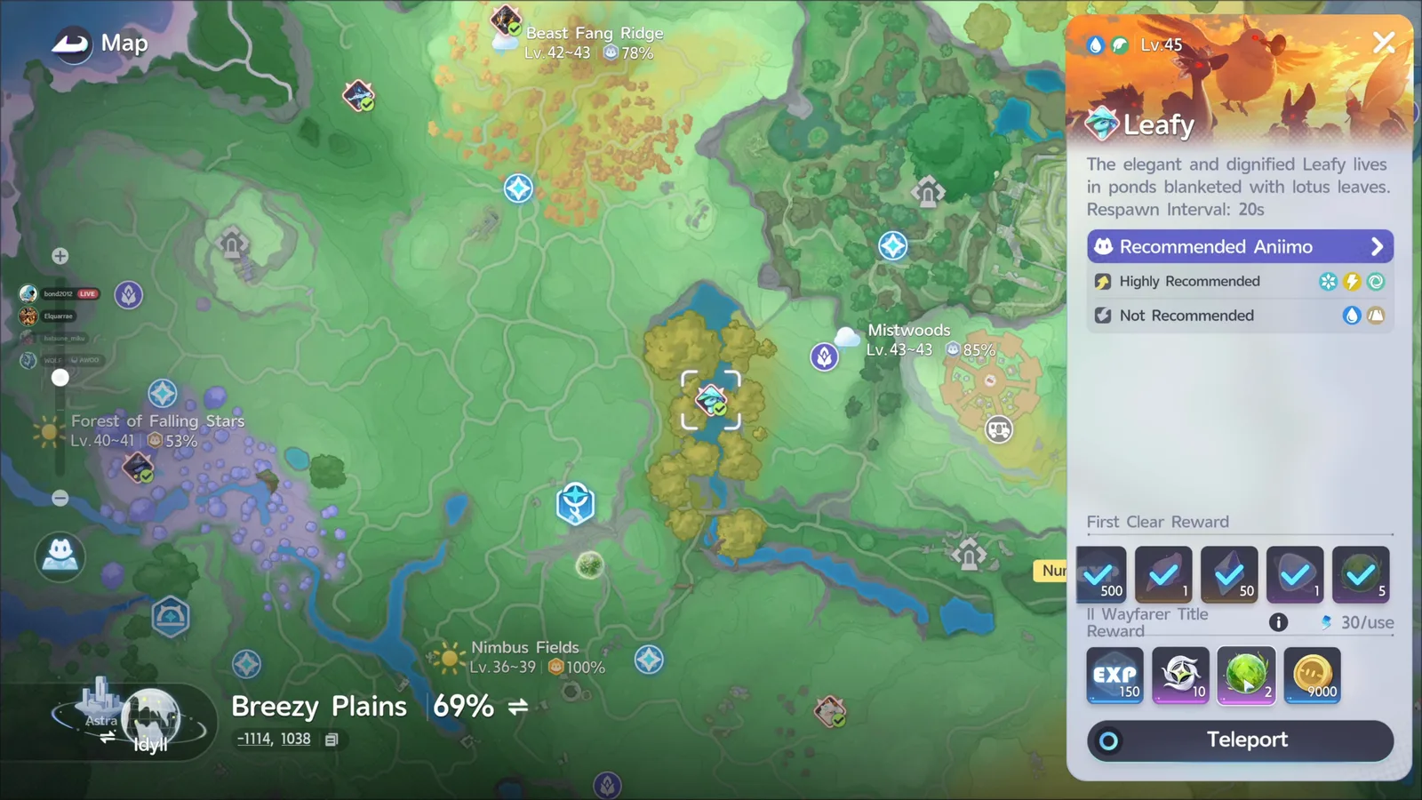 Aniimo map of Breezy Plains with the Alpha Leafy panel open in Mistwoods, Lv.45, Respawn Interval 20s, Ice, Lightning and Wind highly recommended