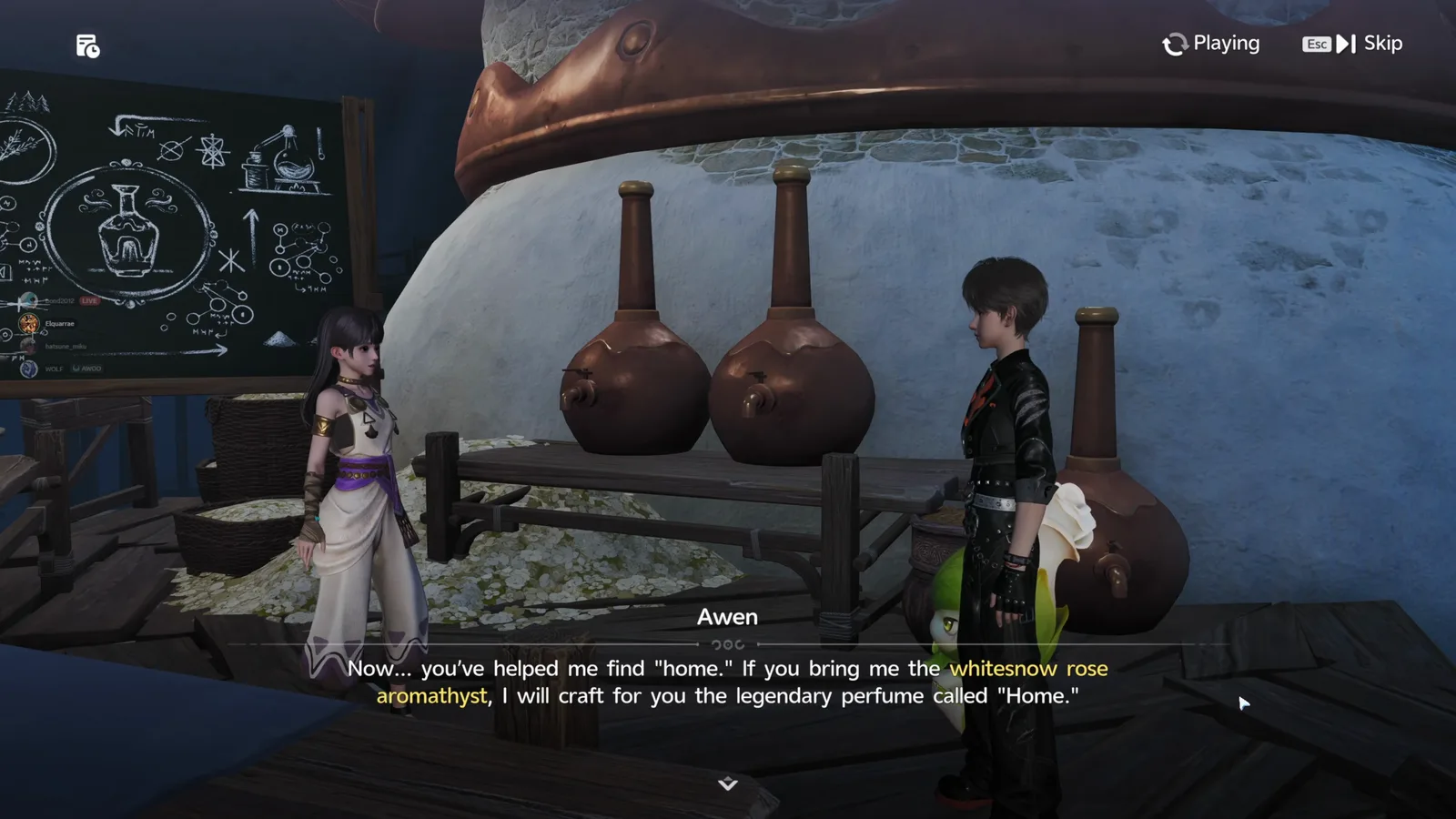Aniimo Awen inside Whiterose Tower beside copper perfume stills, asking for the whitesnow rose aromathyst to craft the legendary perfume called Home